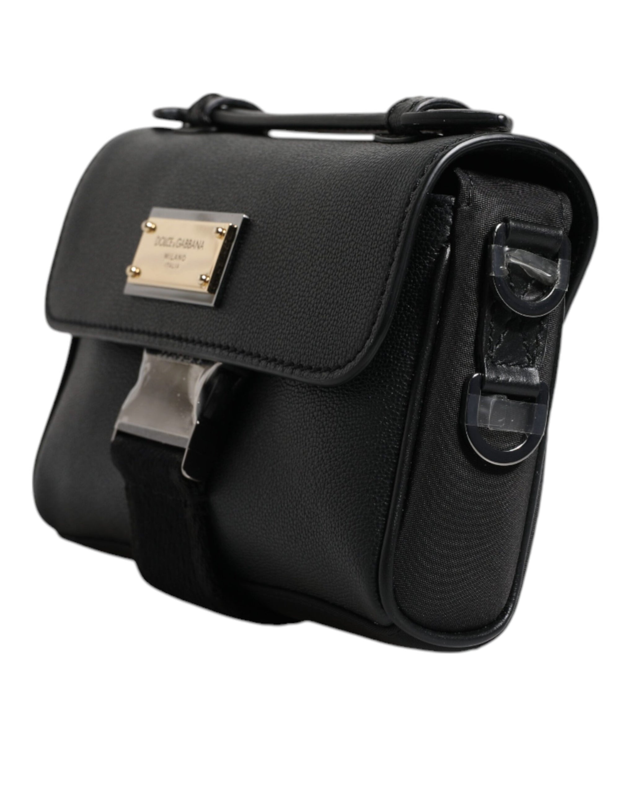 Dolce &amp; Gabbana Black Logo Plaque Leather Buckled Shoulder Crossbody Bag