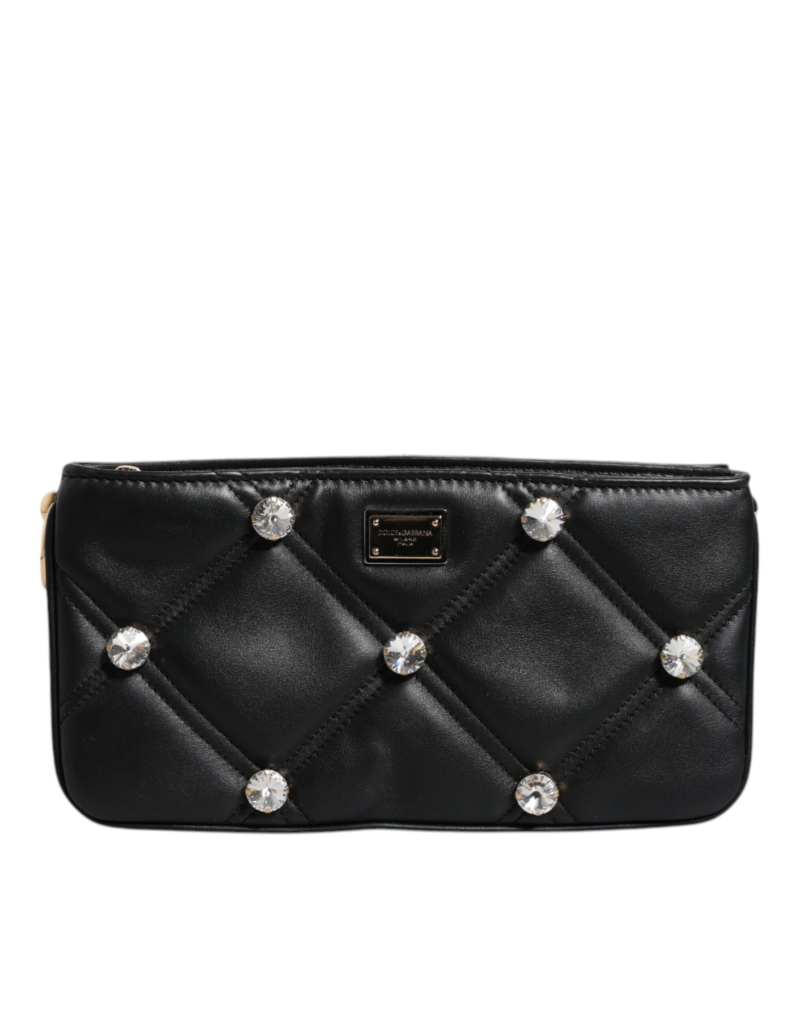 Dolce &amp; Gabbana Black Leather Crystal Embellished Logo Shoulder Bag