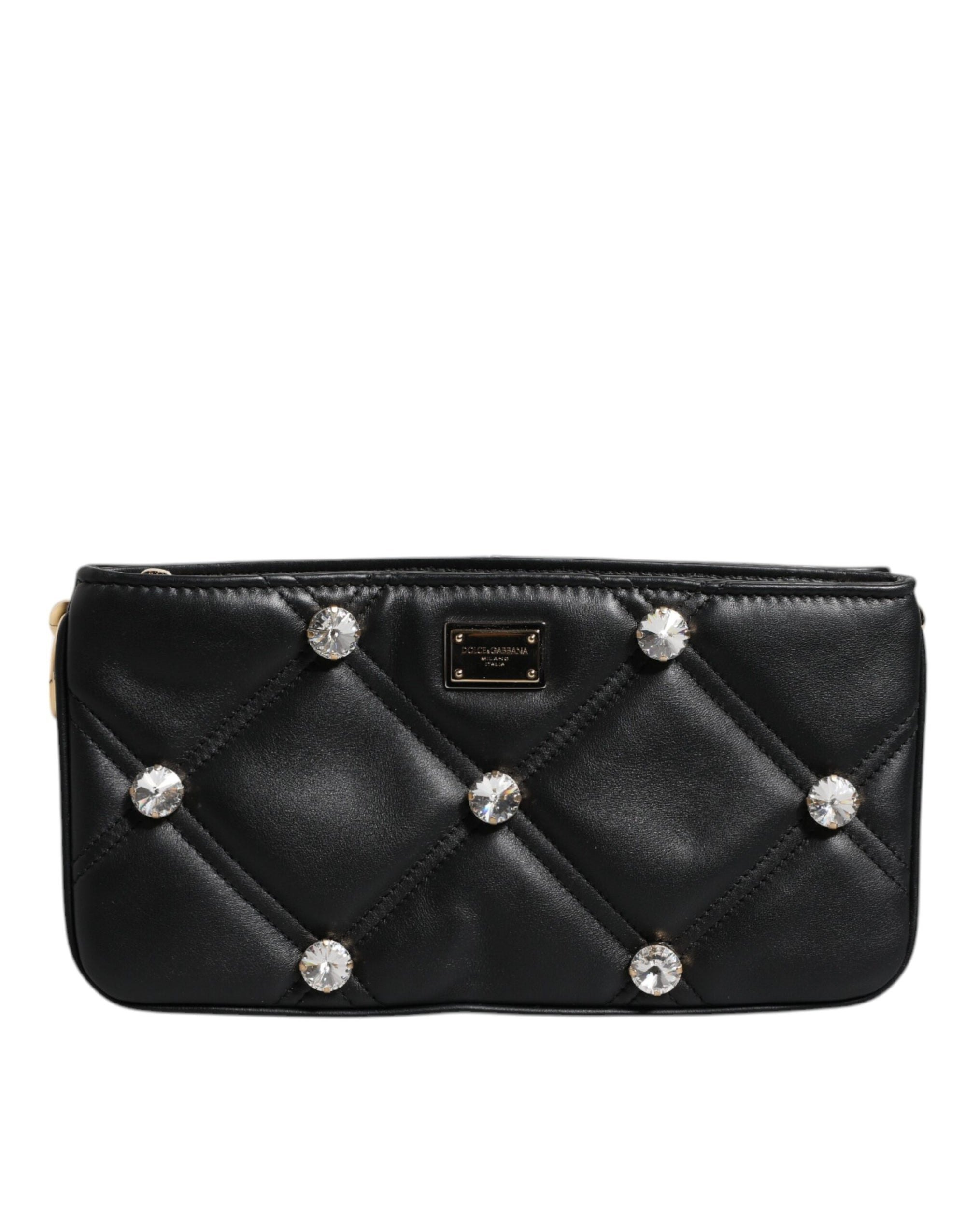 Dolce &amp; Gabbana Black Leather Crystal Embellished Logo Shoulder Bag