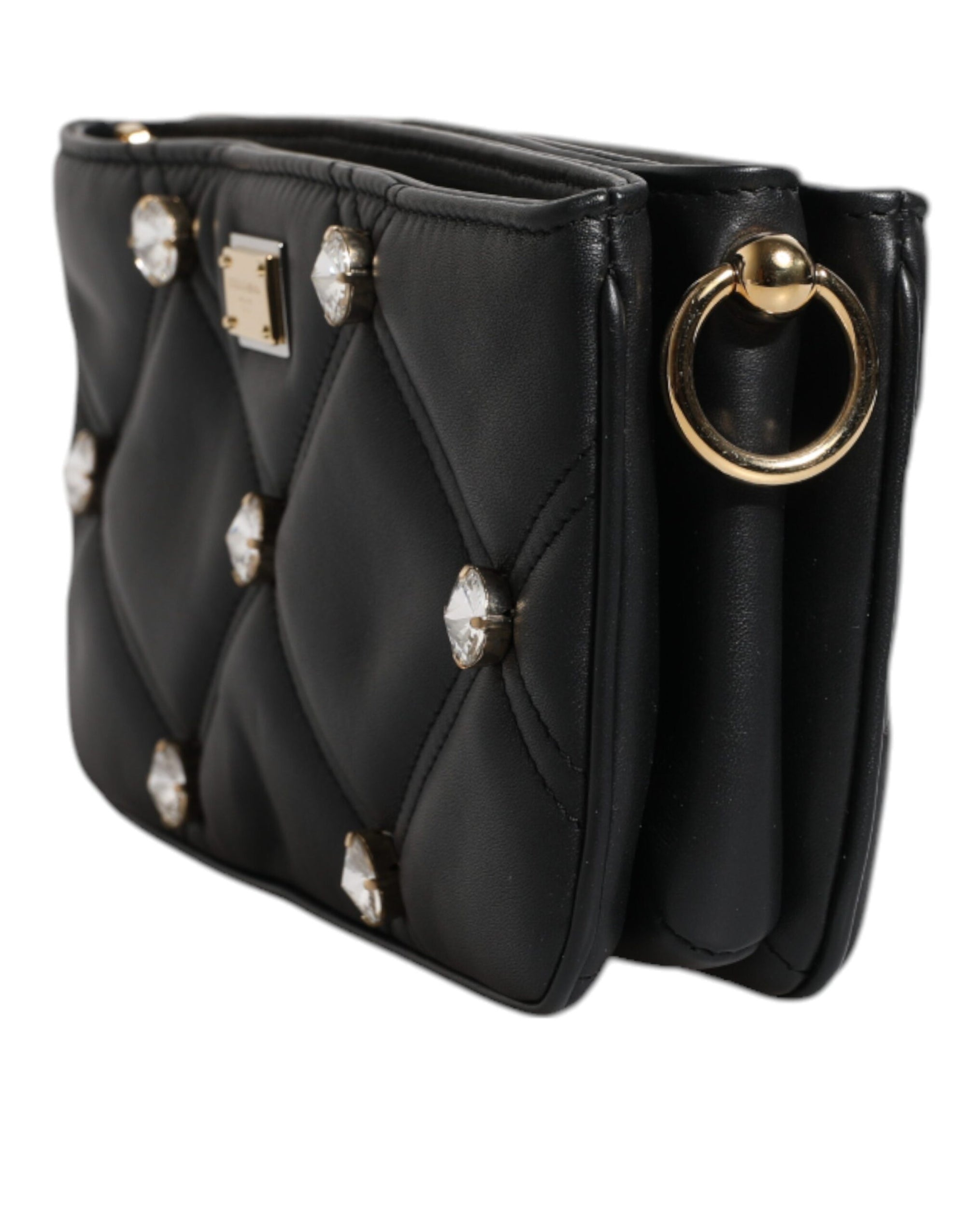 Dolce &amp; Gabbana Black Leather Crystal Embellished Logo Shoulder Bag