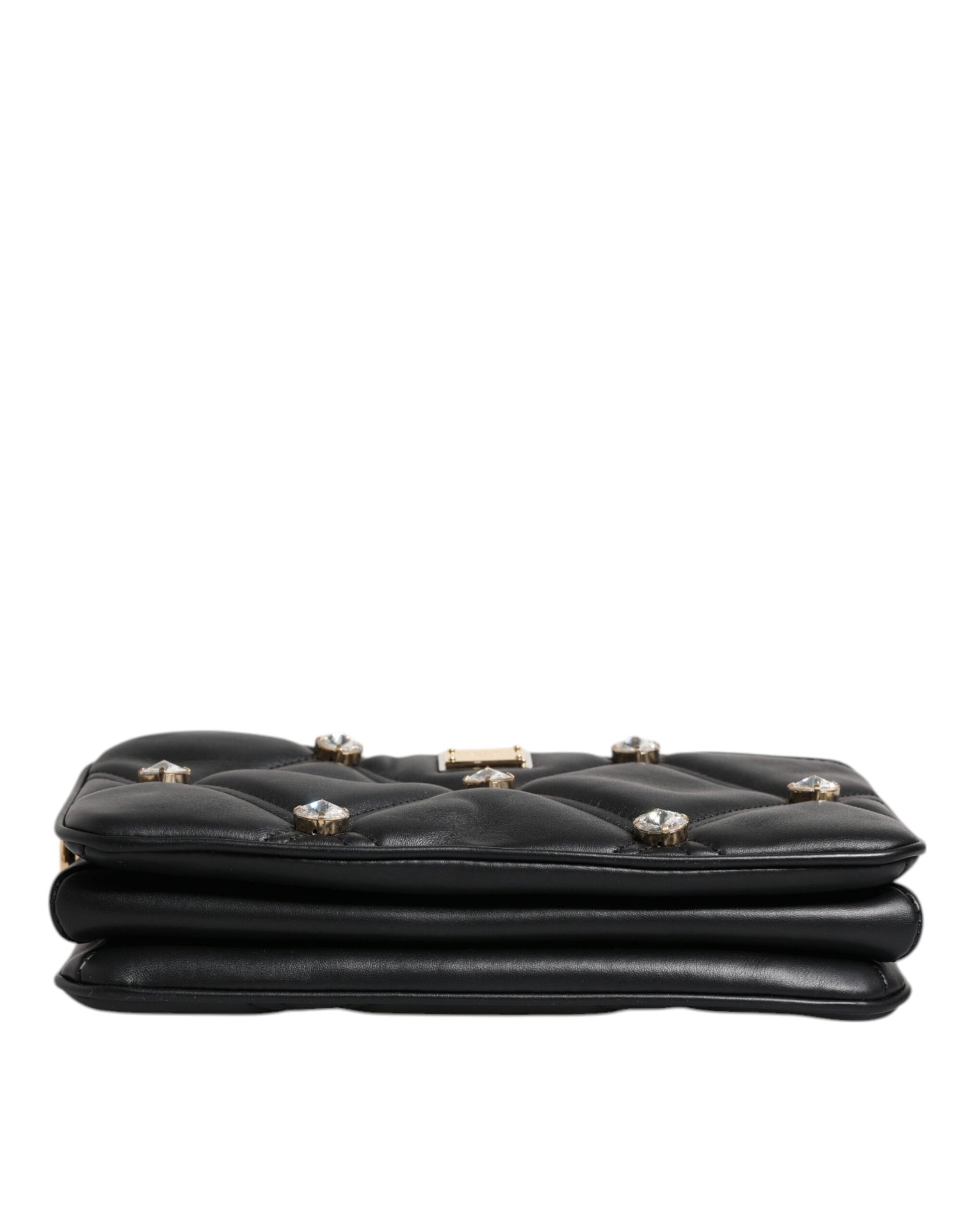 Dolce &amp; Gabbana Black Leather Crystal Embellished Logo Shoulder Bag