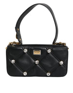 Dolce &amp; Gabbana Black Leather Crystal Embellished Logo Shoulder Bag