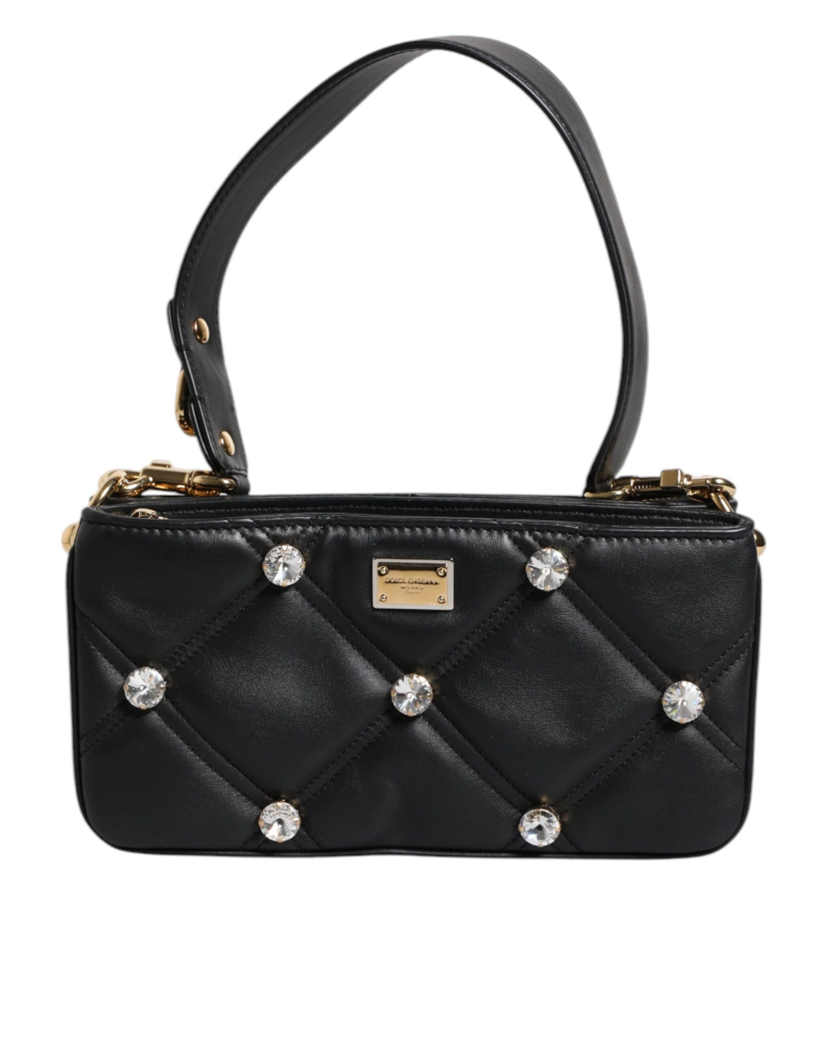 Dolce &amp; Gabbana Black Leather Crystal Embellished Logo Shoulder Bag