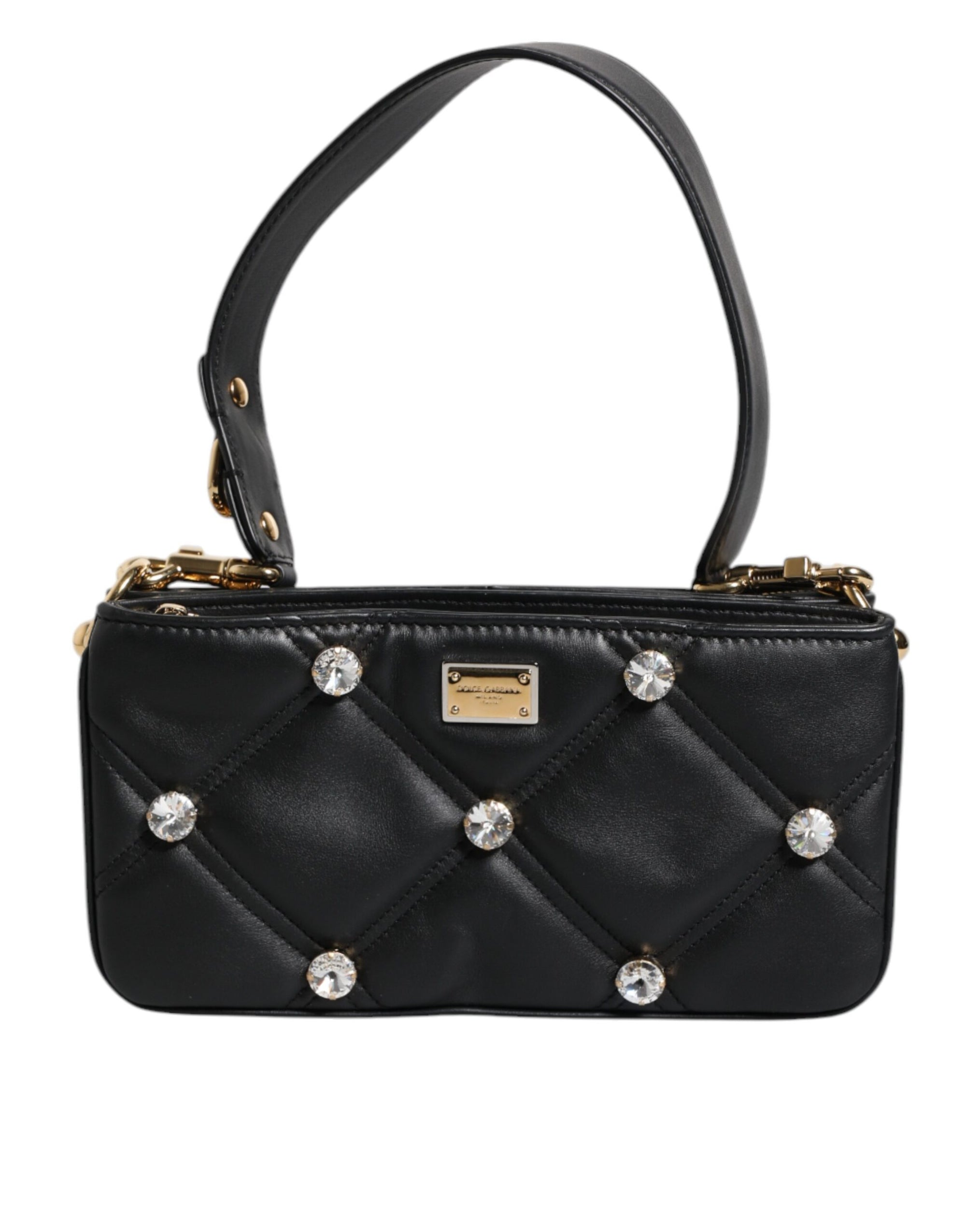 Dolce &amp; Gabbana Black Leather Crystal Embellished Logo Shoulder Bag