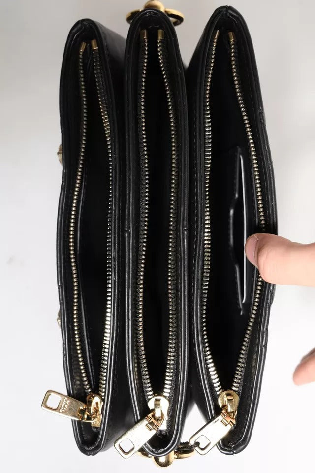 Dolce &amp; Gabbana Black Leather Crystal Embellished Logo Shoulder Bag