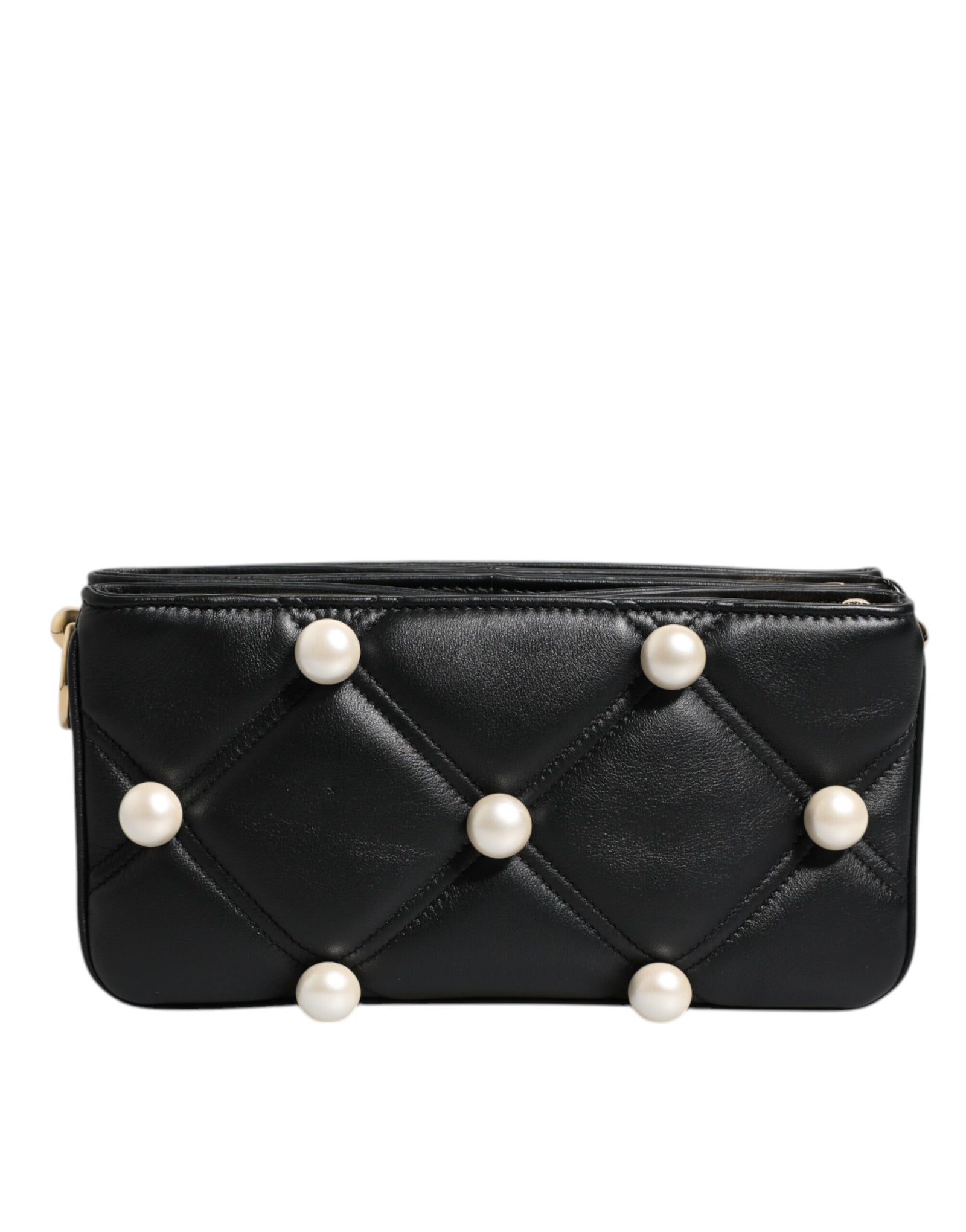 Dolce &amp; Gabbana Black Leather Pearl Embellished Logo Shoulder Bag