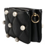 Dolce &amp; Gabbana Black Leather Pearl Embellished Logo Shoulder Bag