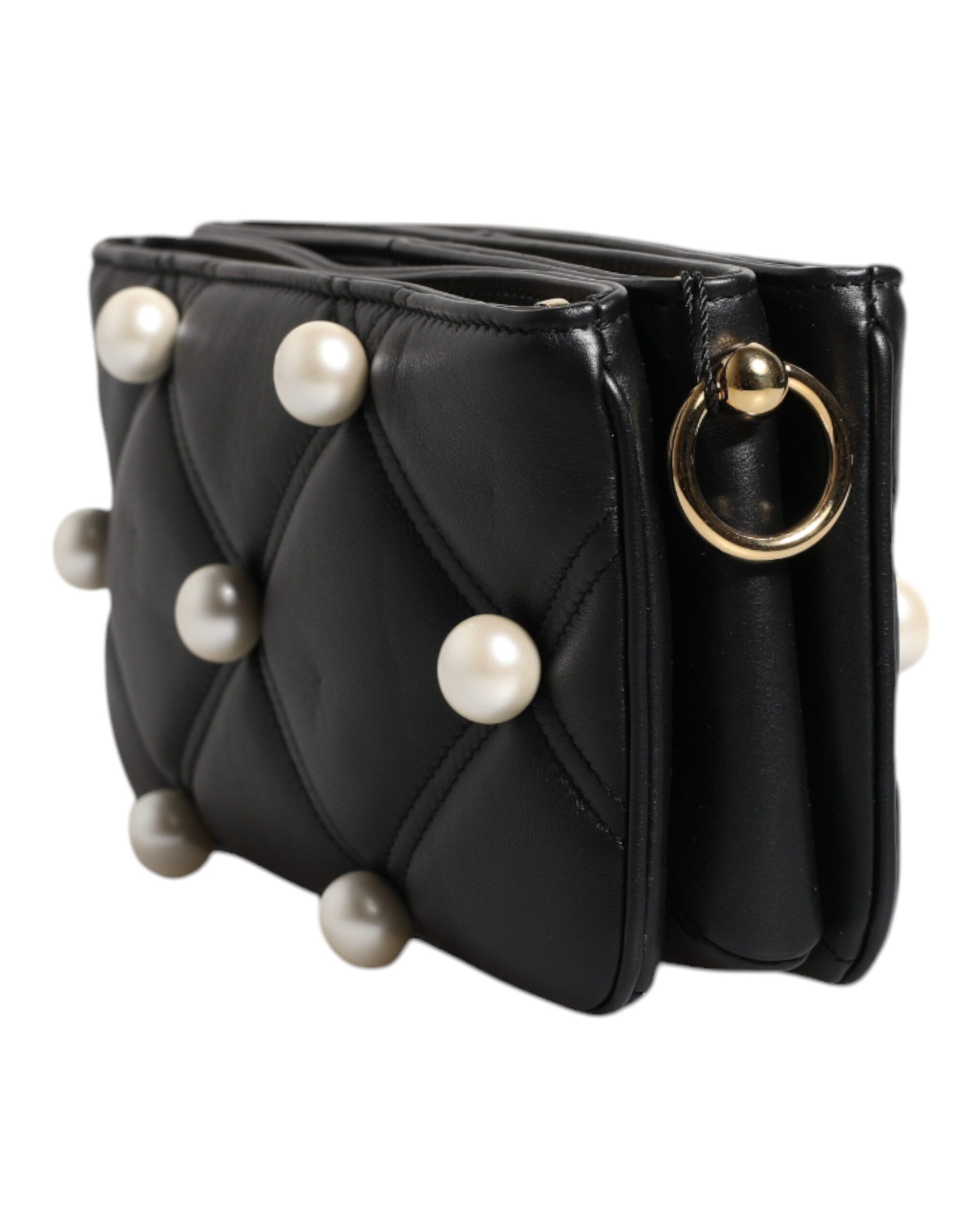 Dolce &amp; Gabbana Black Leather Pearl Embellished Logo Shoulder Bag