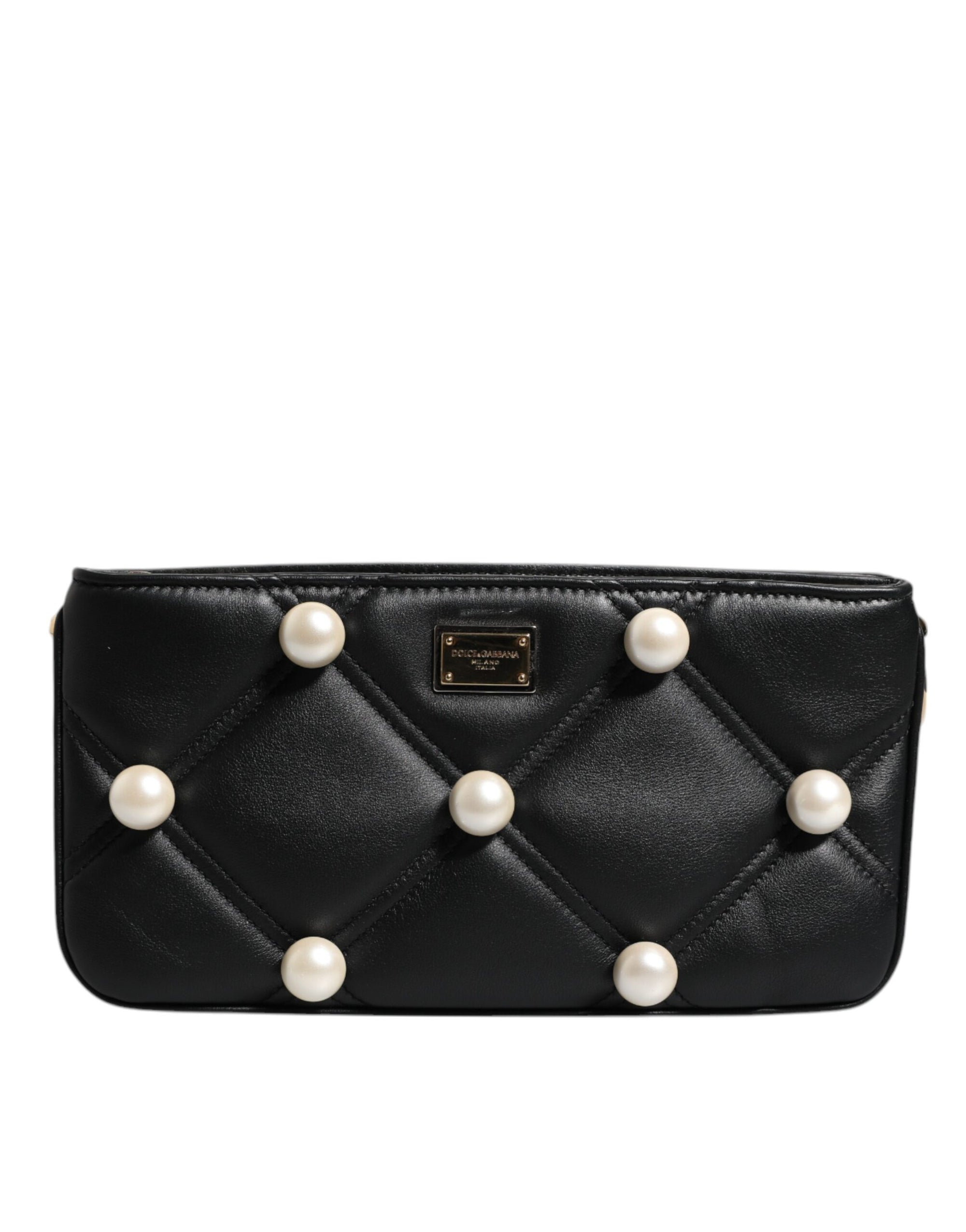 Dolce &amp; Gabbana Black Leather Pearl Embellished Logo Shoulder Bag