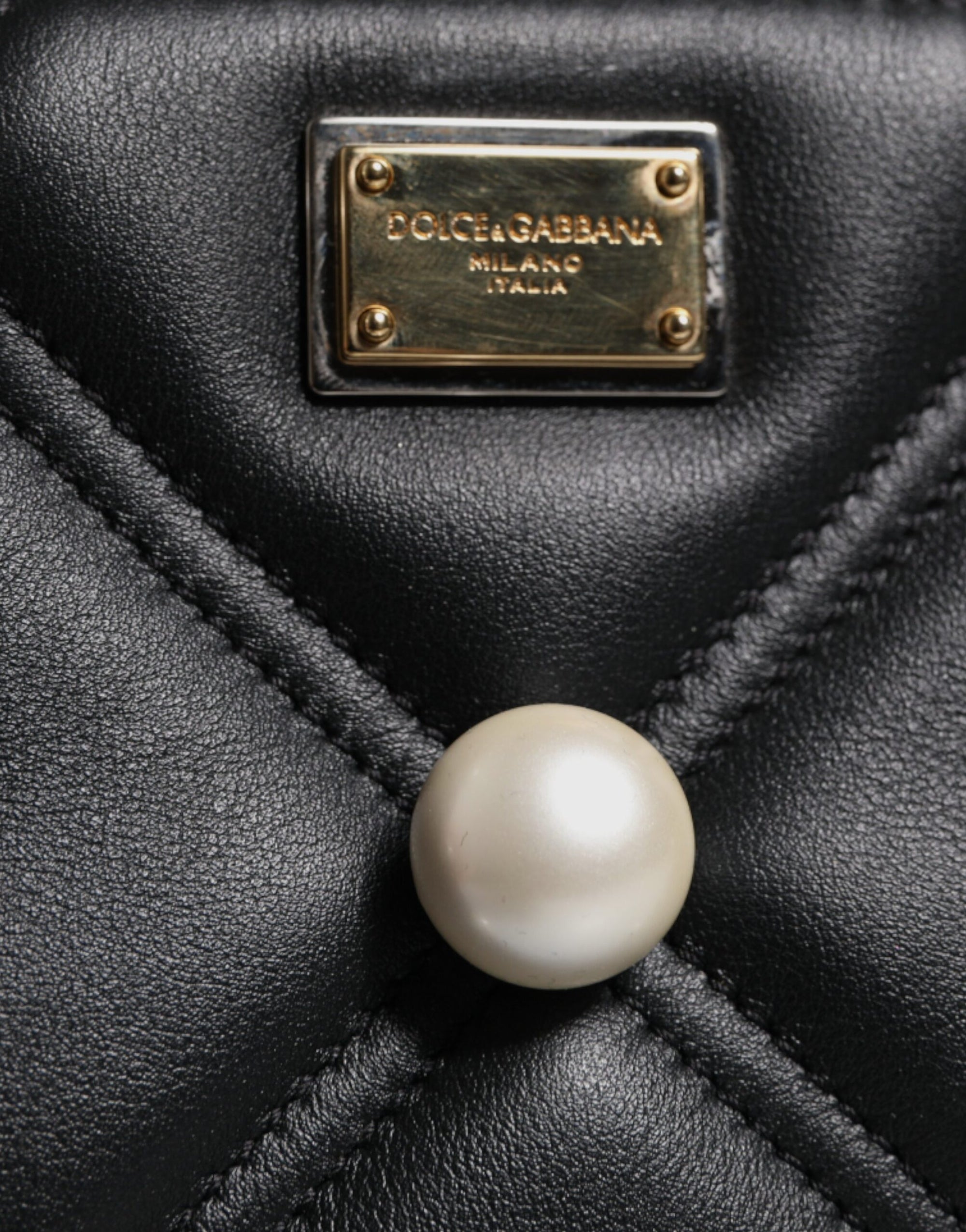 Dolce &amp; Gabbana Black Leather Pearl Embellished Logo Shoulder Bag