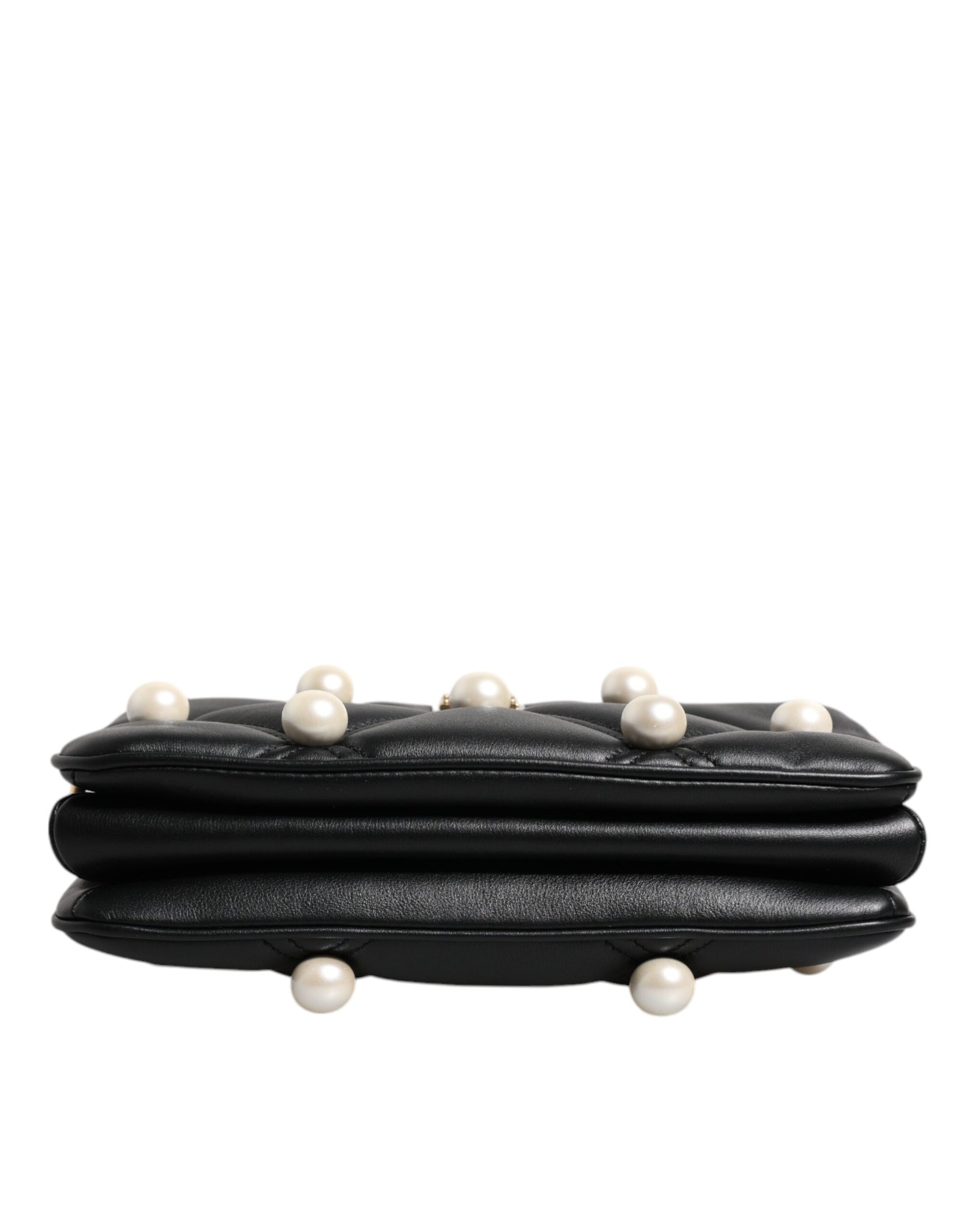 Dolce &amp; Gabbana Black Leather Pearl Embellished Logo Shoulder Bag