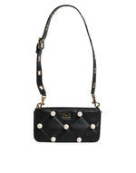 Dolce &amp; Gabbana Black Leather Pearl Embellished Logo Shoulder Bag