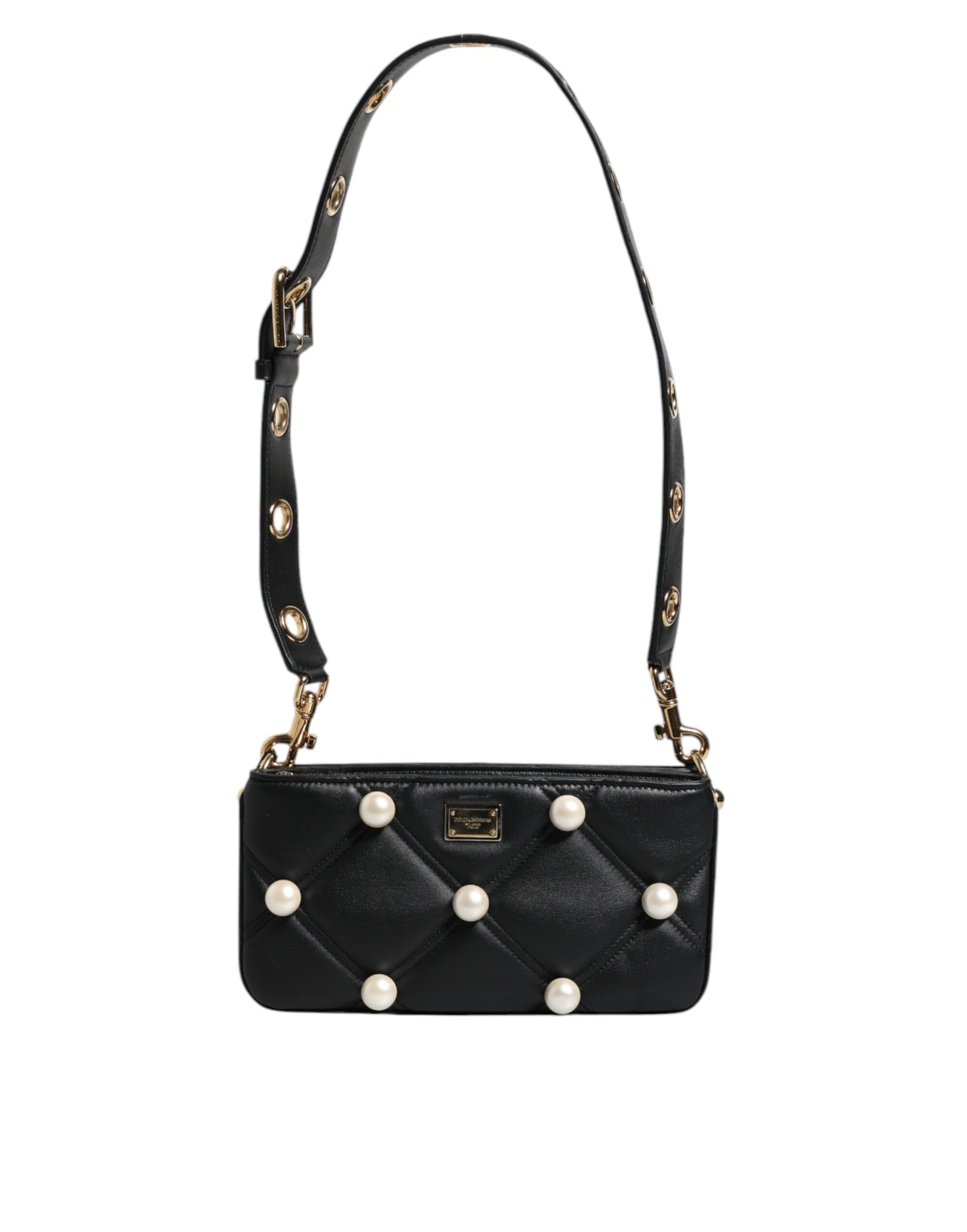 Dolce &amp; Gabbana Black Leather Pearl Embellished Logo Shoulder Bag