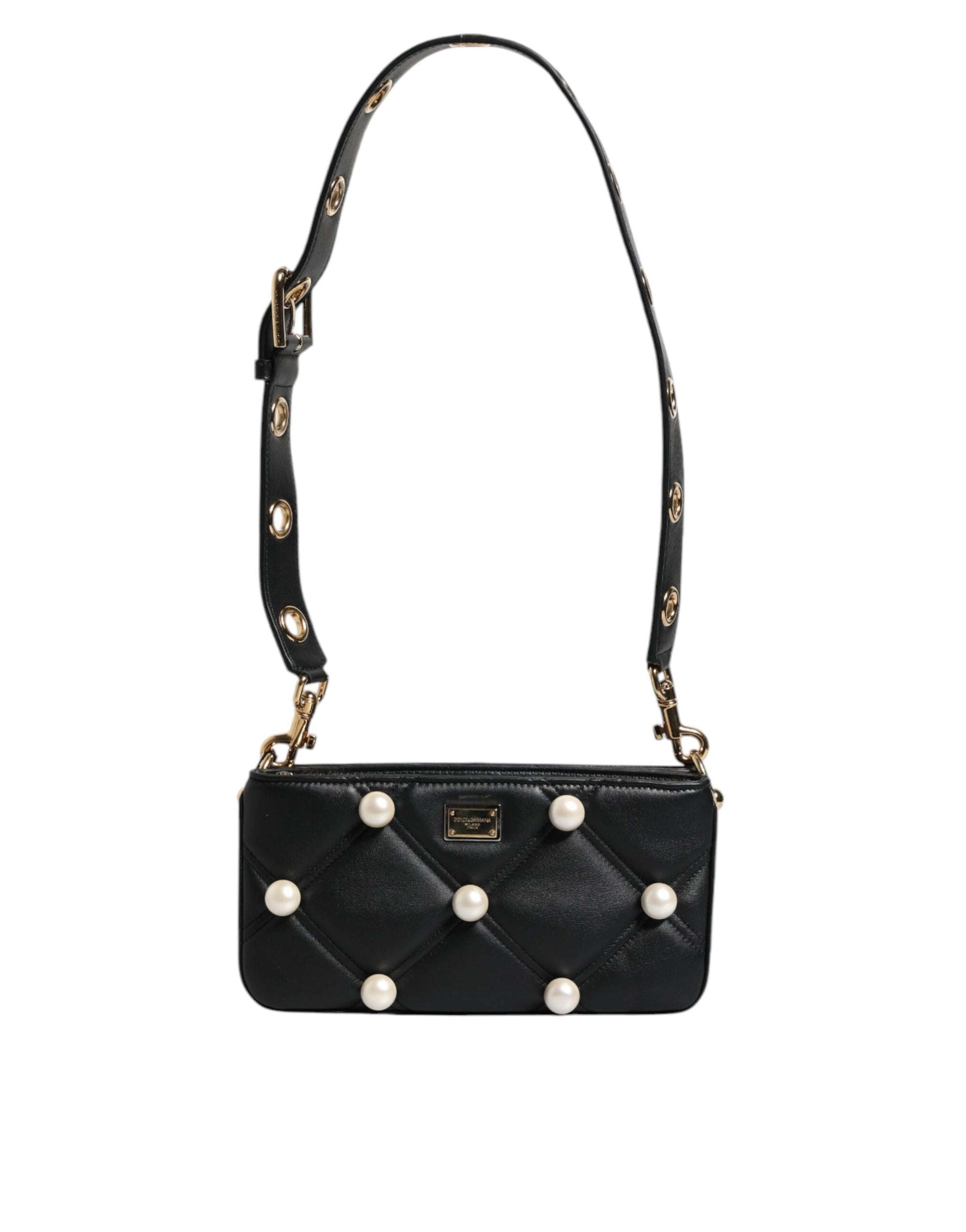 Dolce &amp; Gabbana Black Leather Pearl Embellished Logo Shoulder Bag