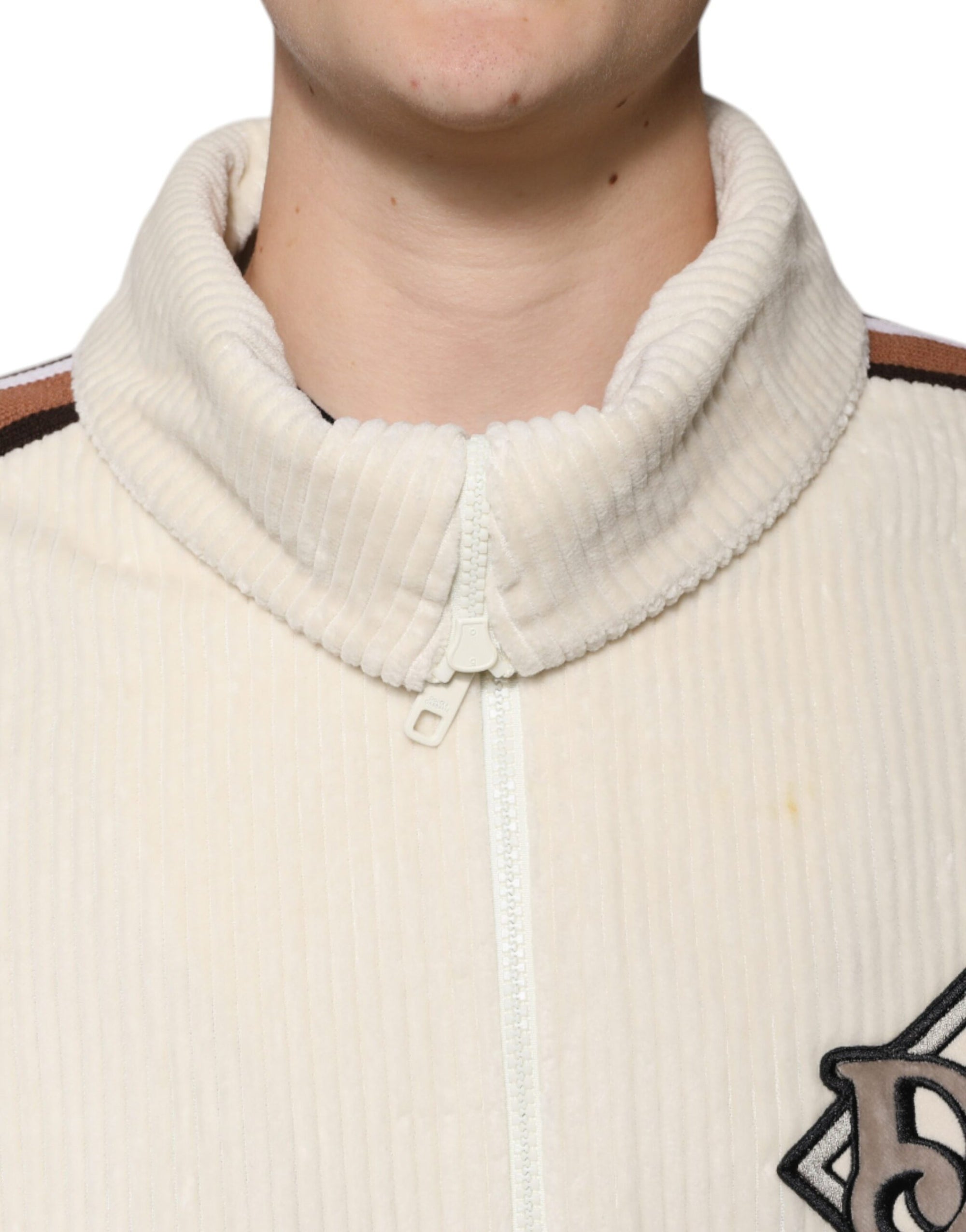 Veste zippée en velours côtelé de coton beige avec logo appliqué Dolce &amp; Gabbana