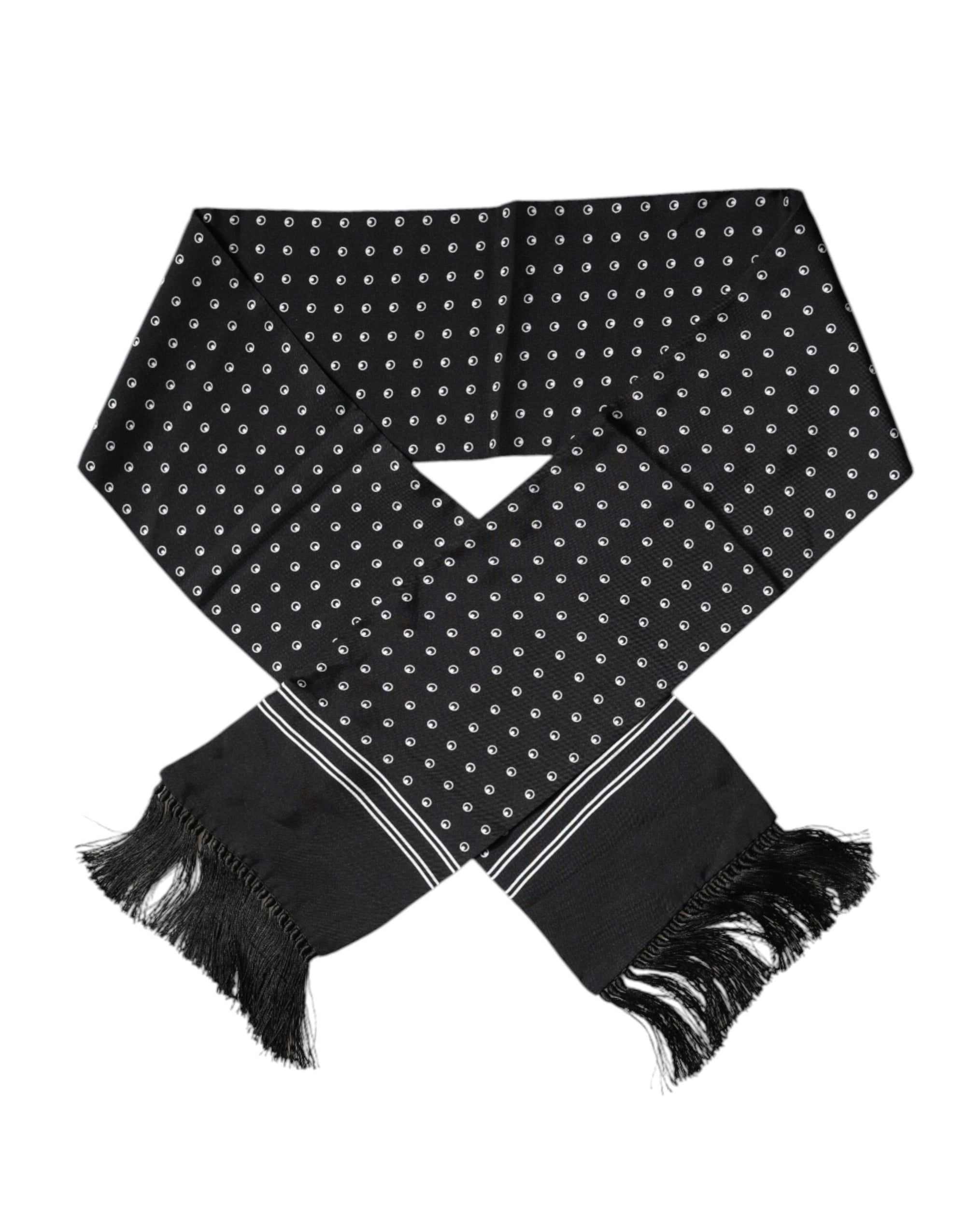 Dolce &amp; Gabbana Black White Polka Dotted Silk Skinny Fringes Scarf