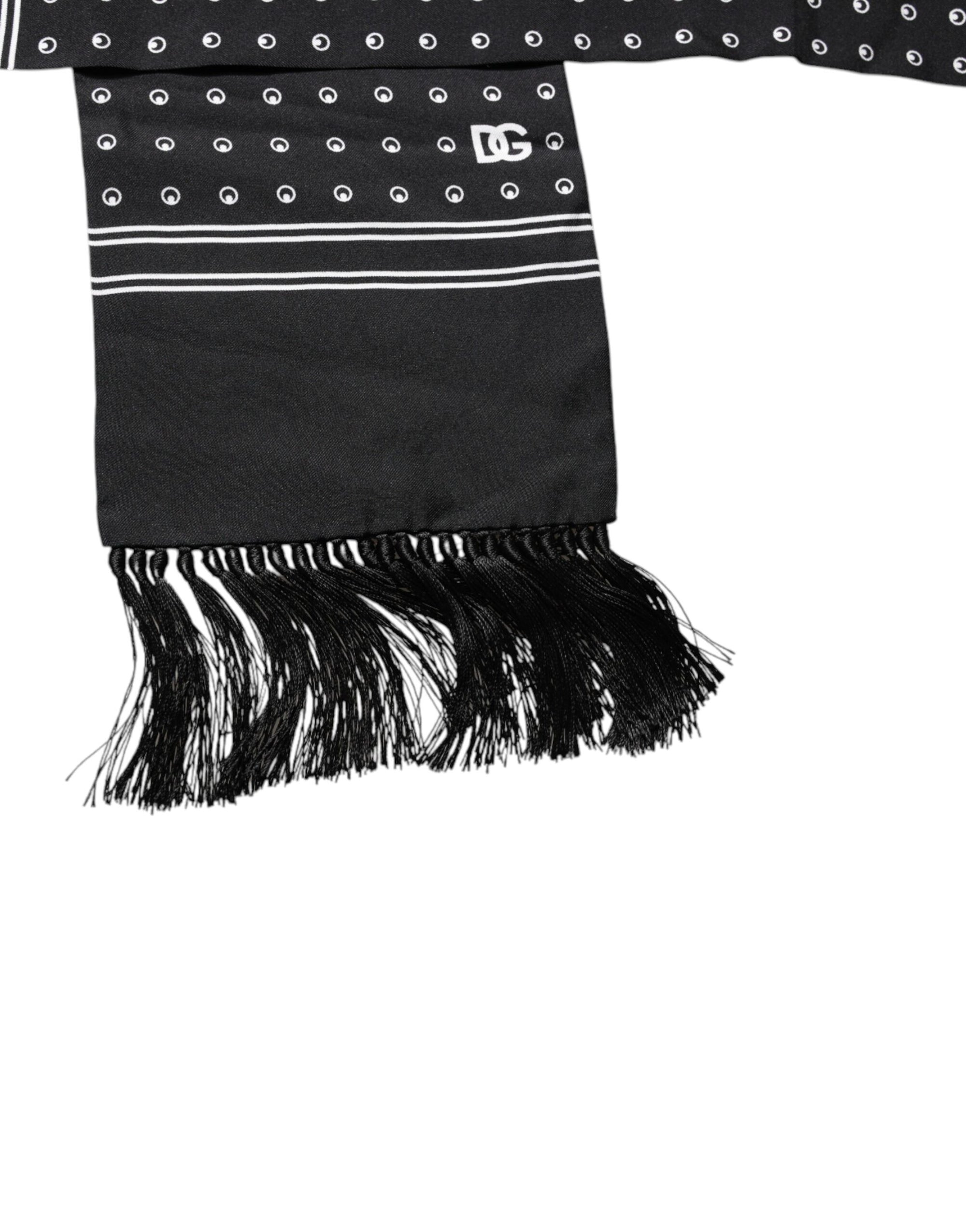 Dolce &amp; Gabbana Black White Polka Dotted Silk Skinny Fringes Scarf