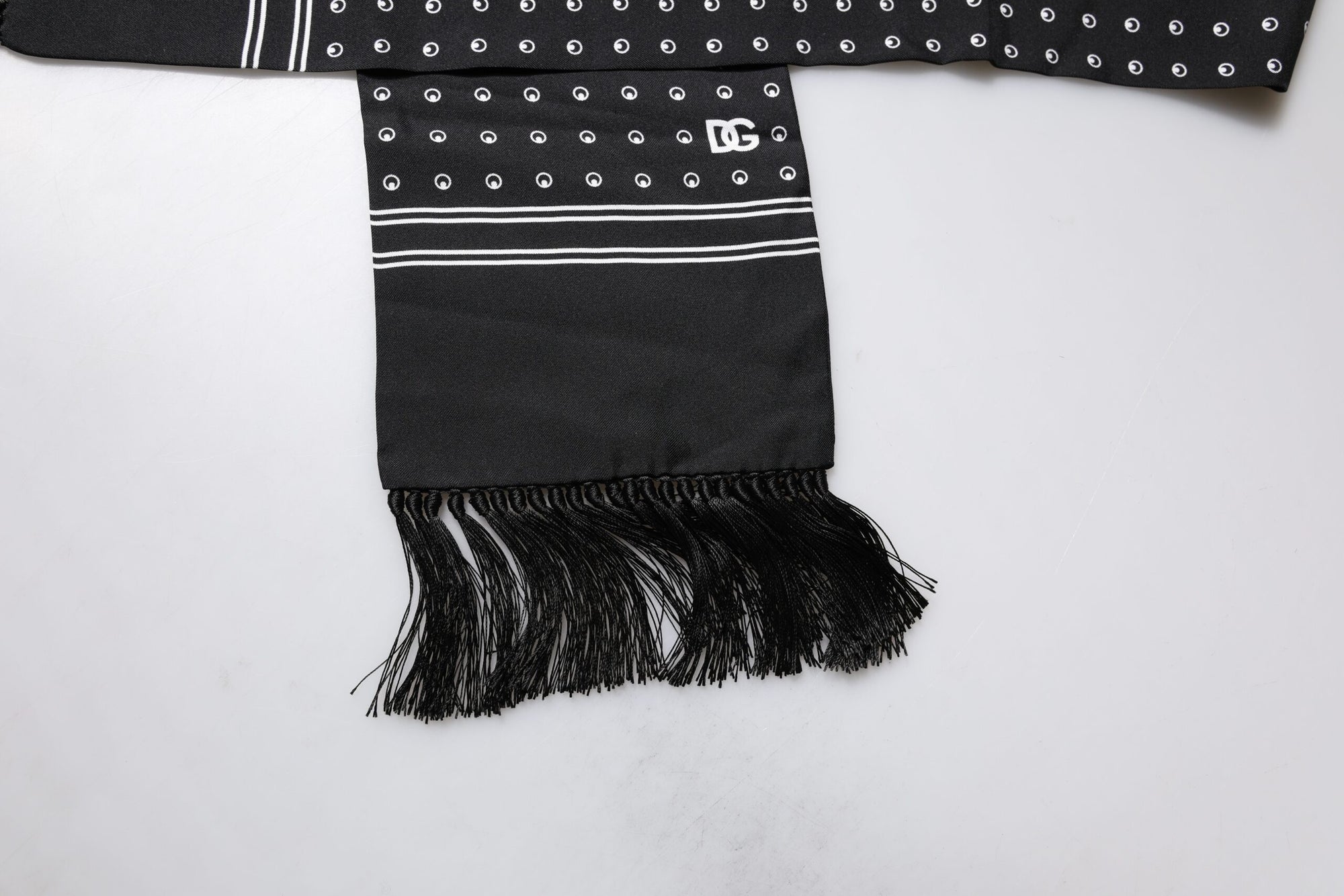 Dolce &amp; Gabbana Black White Polka Dotted Silk Skinny Fringes Scarf
