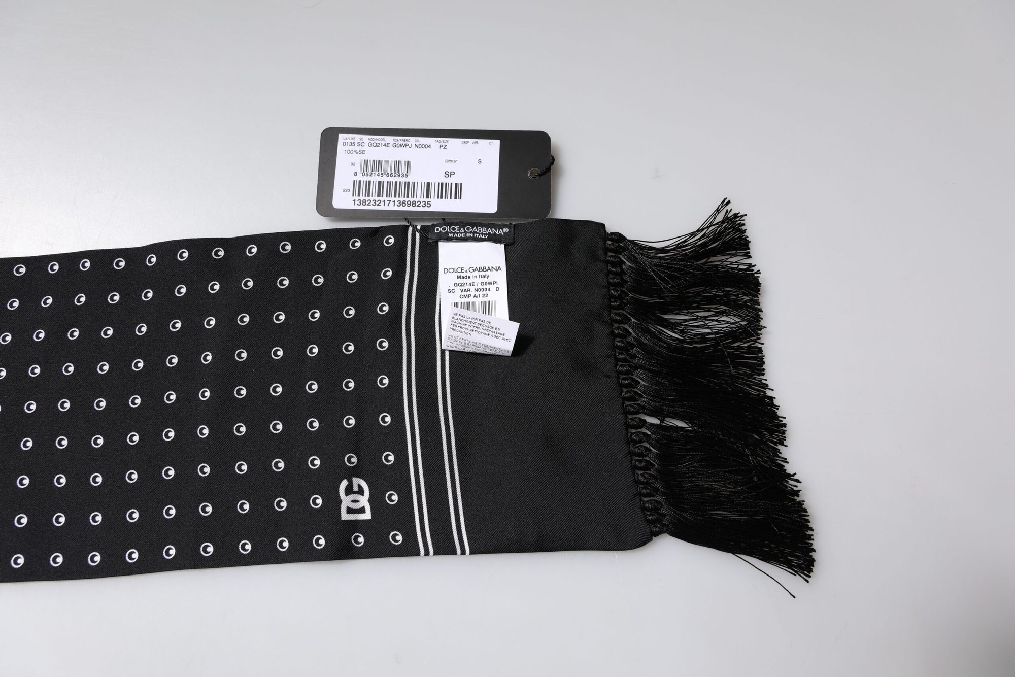 Dolce &amp; Gabbana Black White Polka Dotted Silk Skinny Fringes Scarf