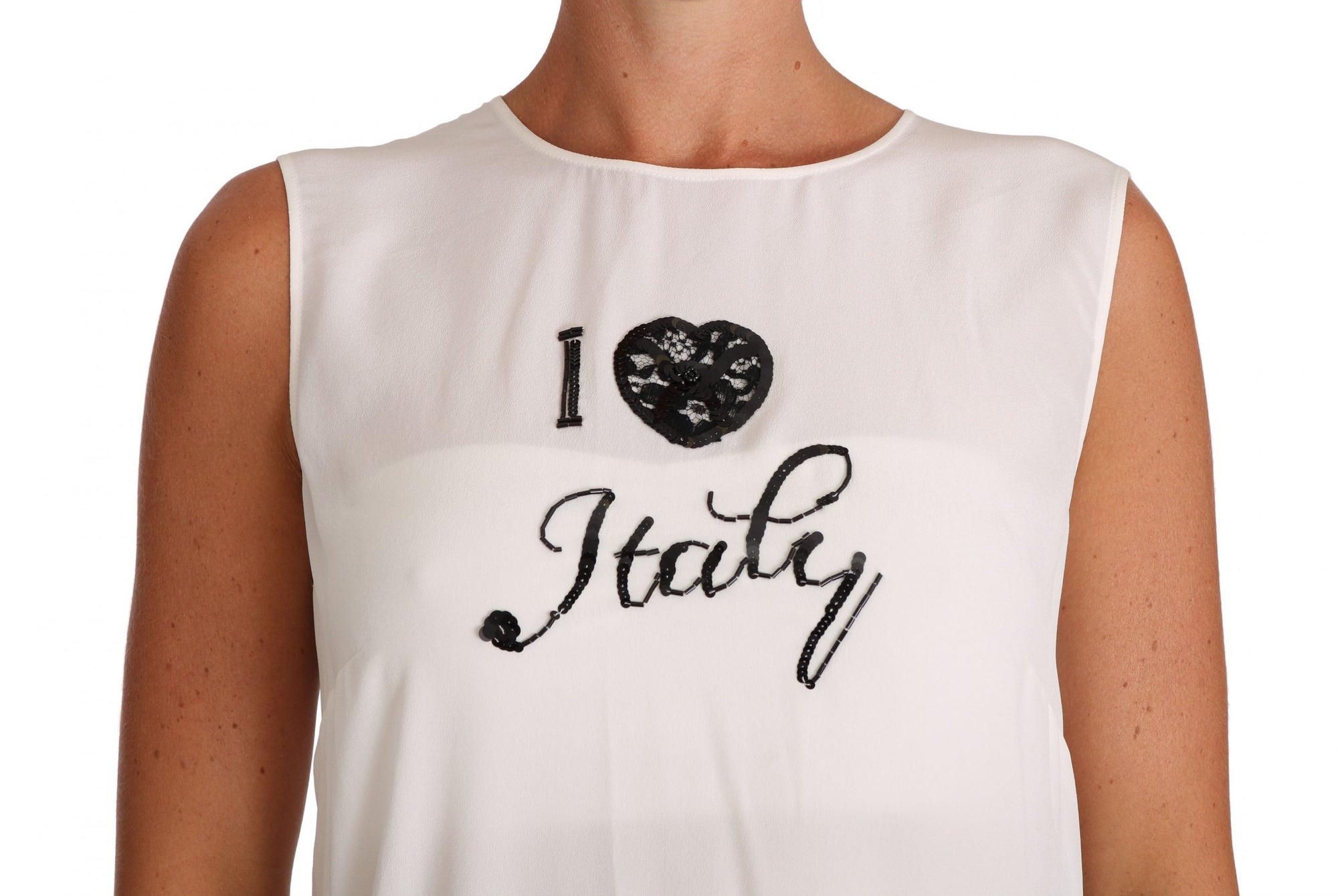 Dolce &amp; Gabbana - Élégant haut sans manches en soie blanche avec détails en dentelle