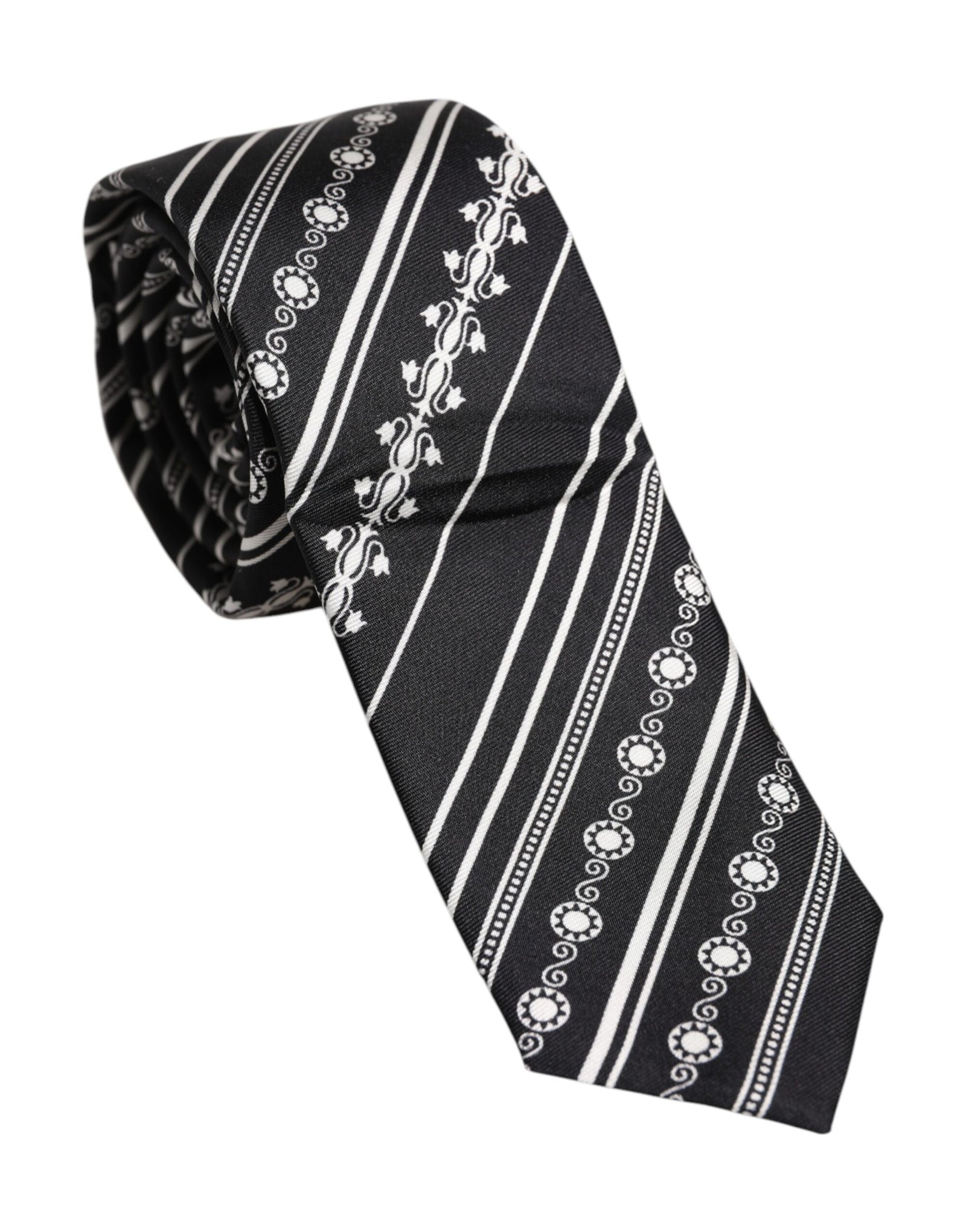Dolce &amp; Gabbana Black White Stripes Silk Adjustable Necktie Tie