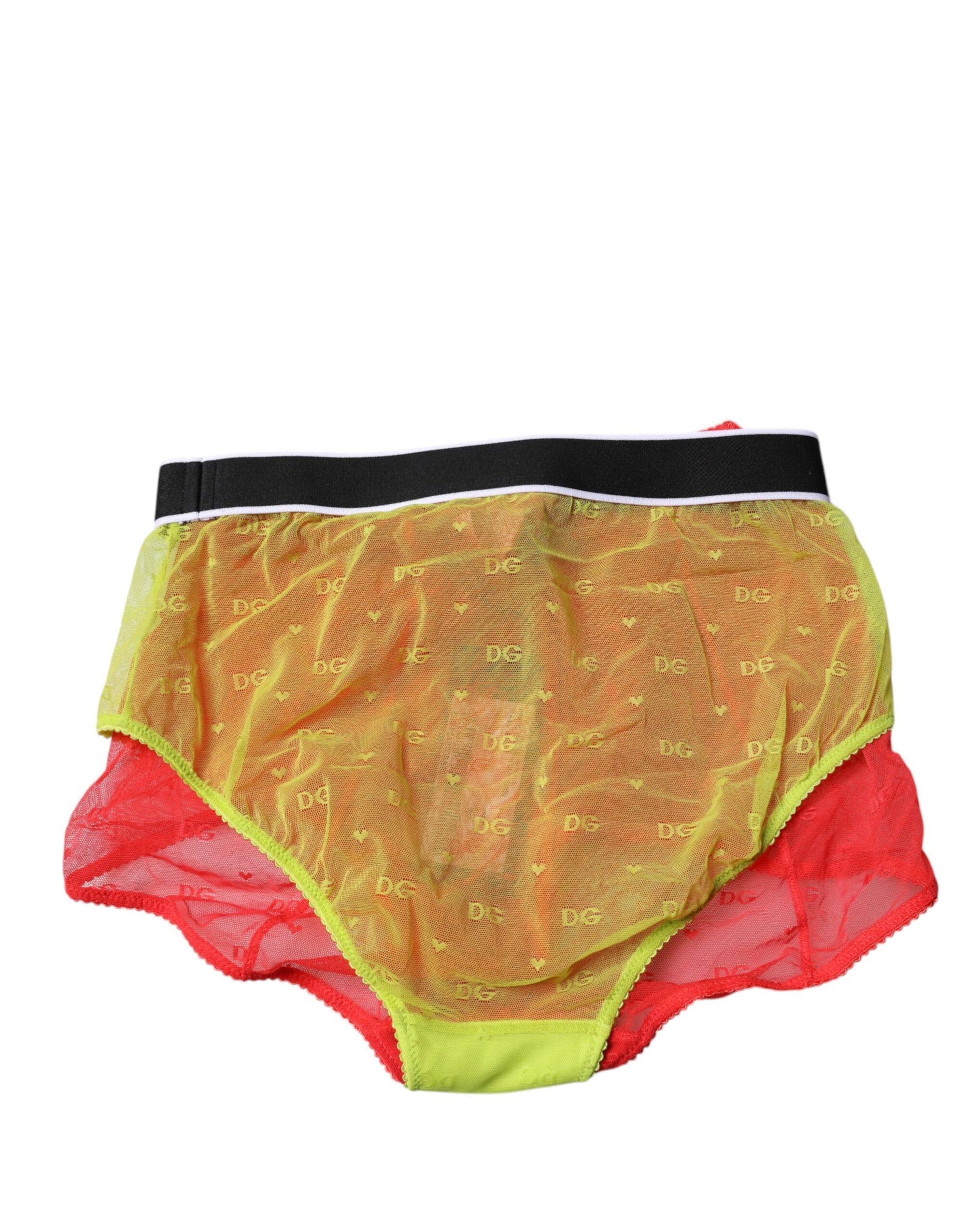 Dolce &amp; Gabbana Red Yellow Tulle Mid Waist Panty Underwear