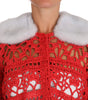Dolce & Gabbana Elegant Red Crochet Knit Cardigan with Fur Collar