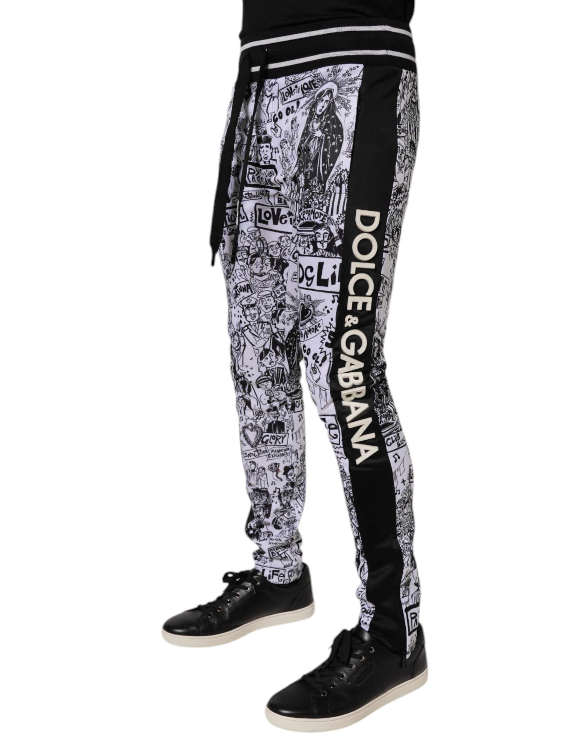 Dolce & Gabbana White Graffiti Polyester Jogger Men Sweatpants Pants