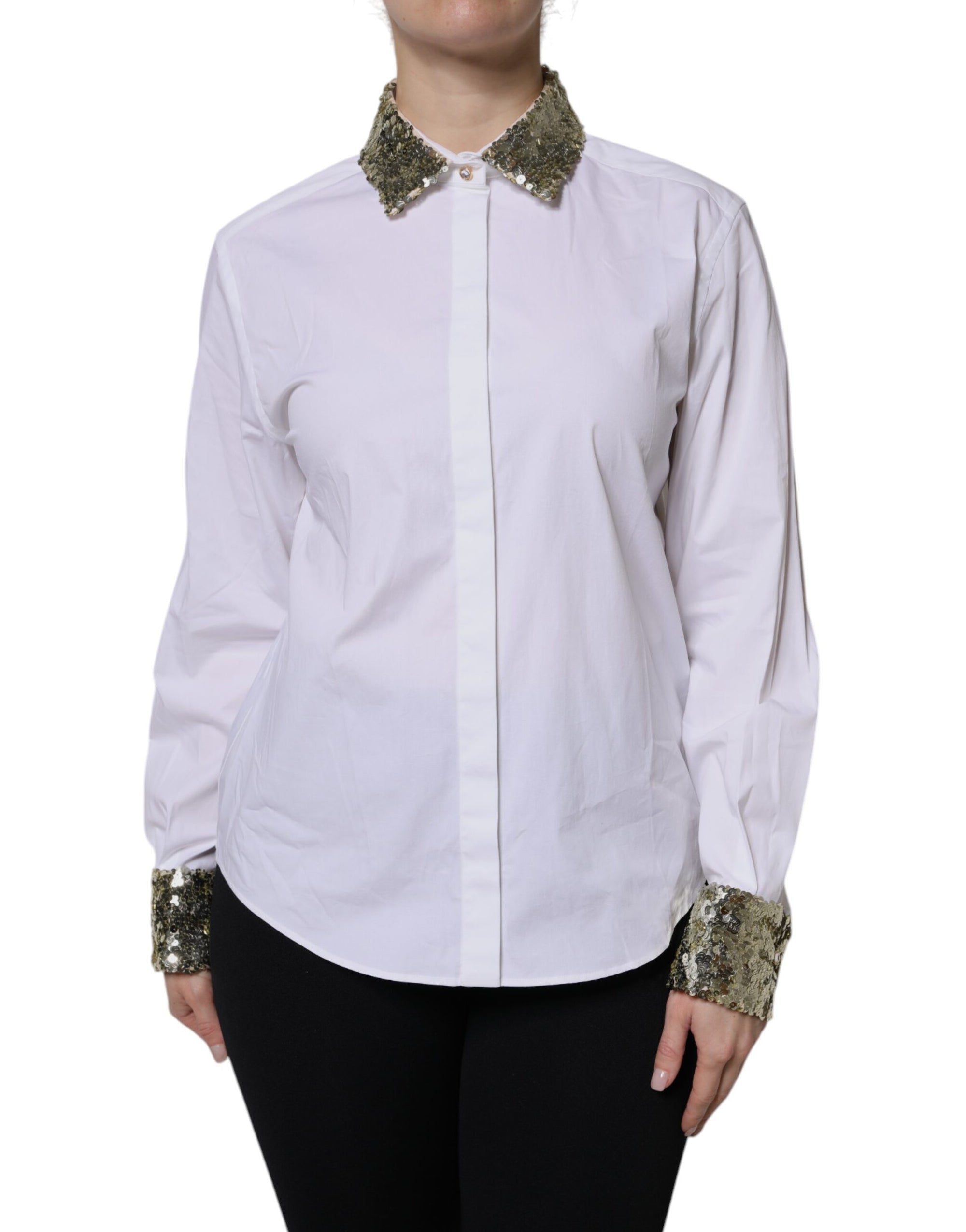 Dolce & Gabbana Haut chemise à manches longues en coton blanc à paillettes