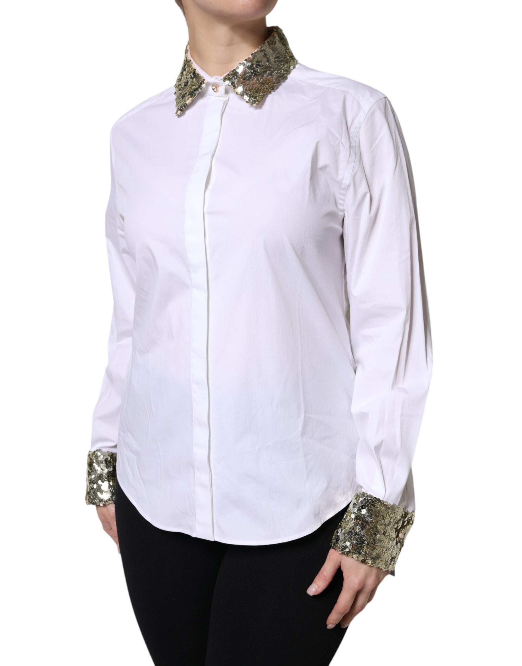 Dolce & Gabbana Haut chemise à manches longues en coton blanc à paillettes