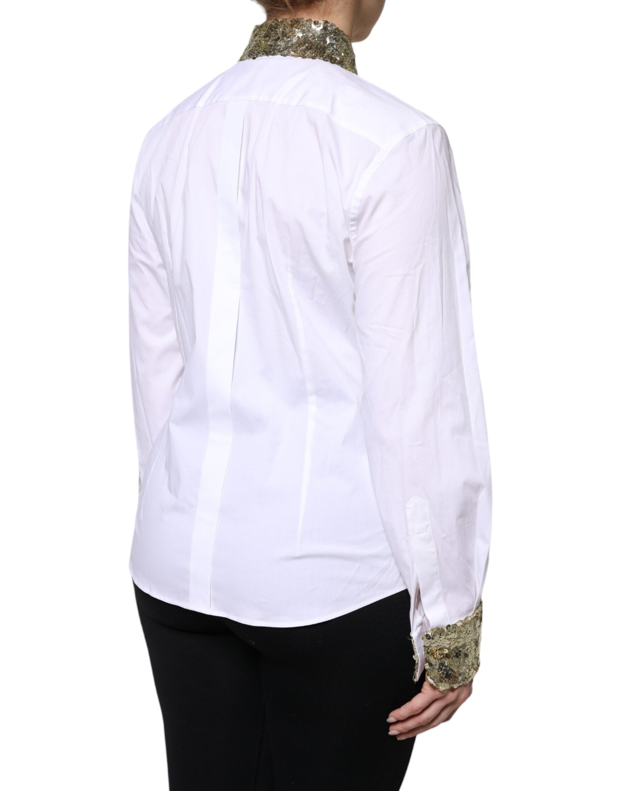 Dolce & Gabbana Haut chemise à manches longues en coton blanc à paillettes