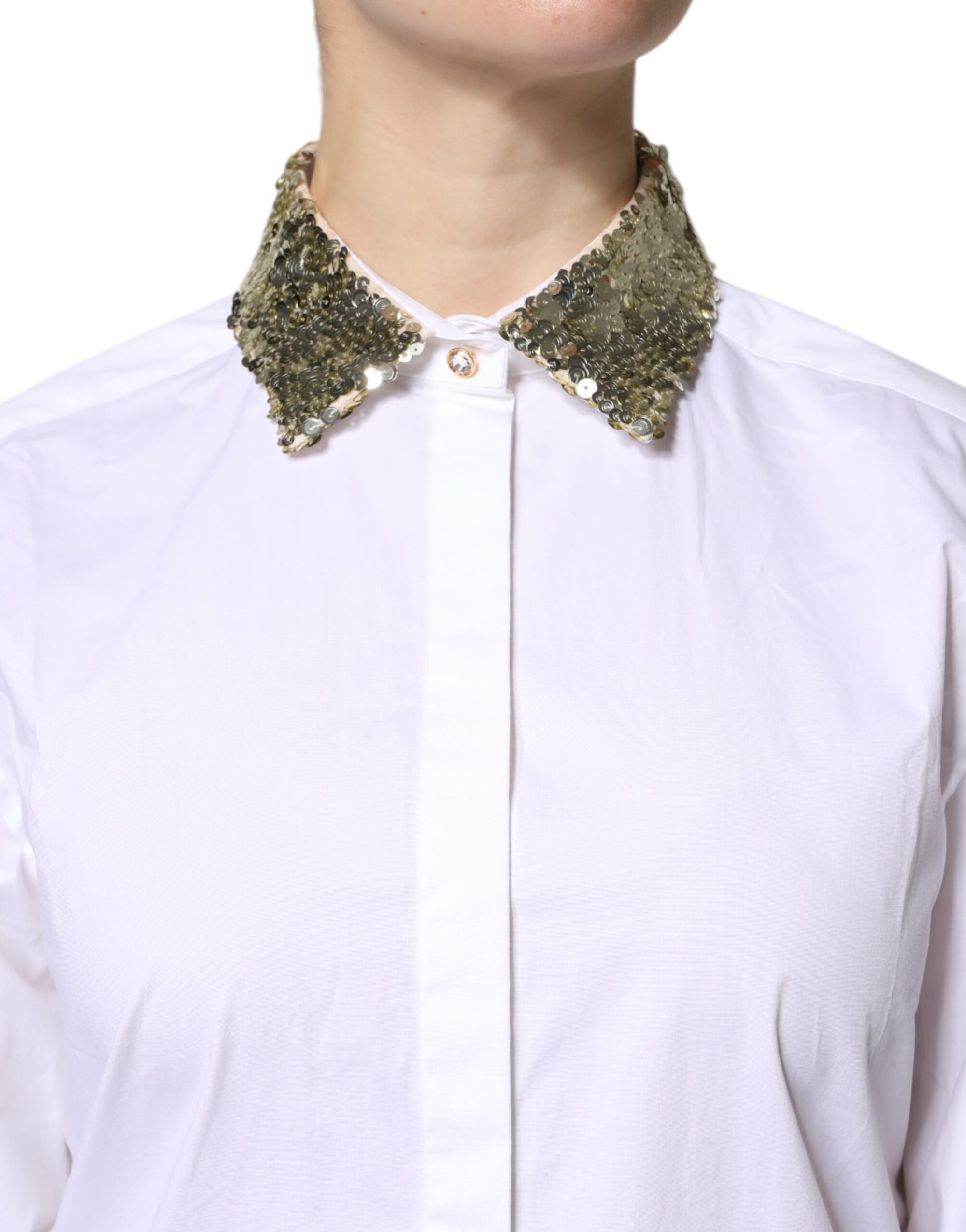 Dolce & Gabbana Haut chemise à manches longues en coton blanc à paillettes