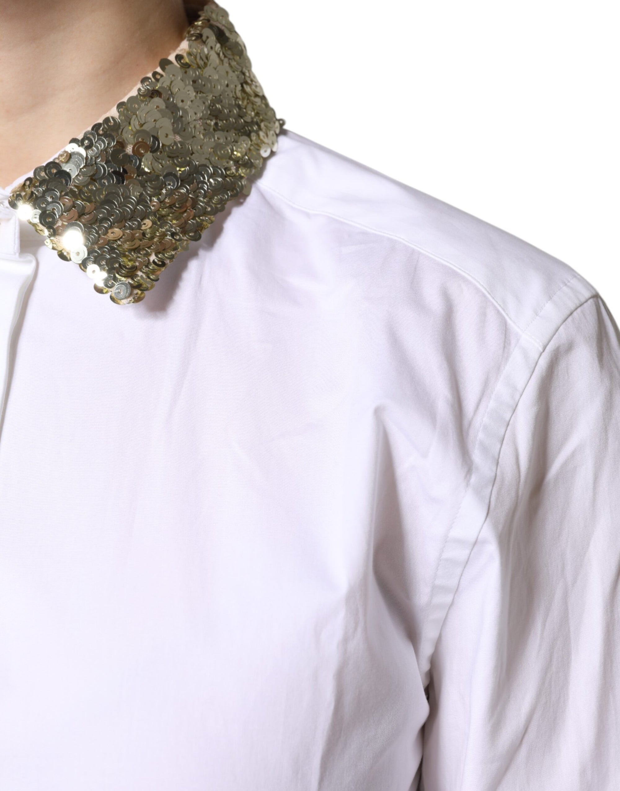 Dolce & Gabbana Haut chemise à manches longues en coton blanc à paillettes