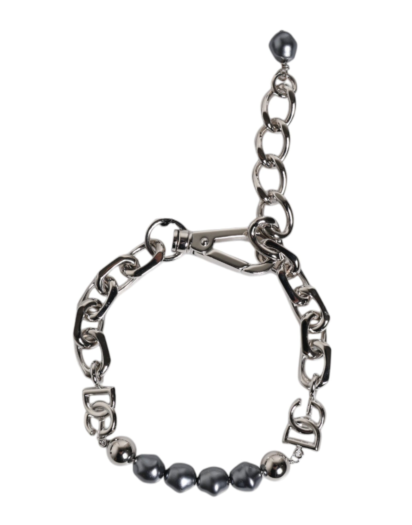 Dolce &amp; Gabbana Silver Tone Chain Lobster Clasp Logo Gray Pearls Bracelet