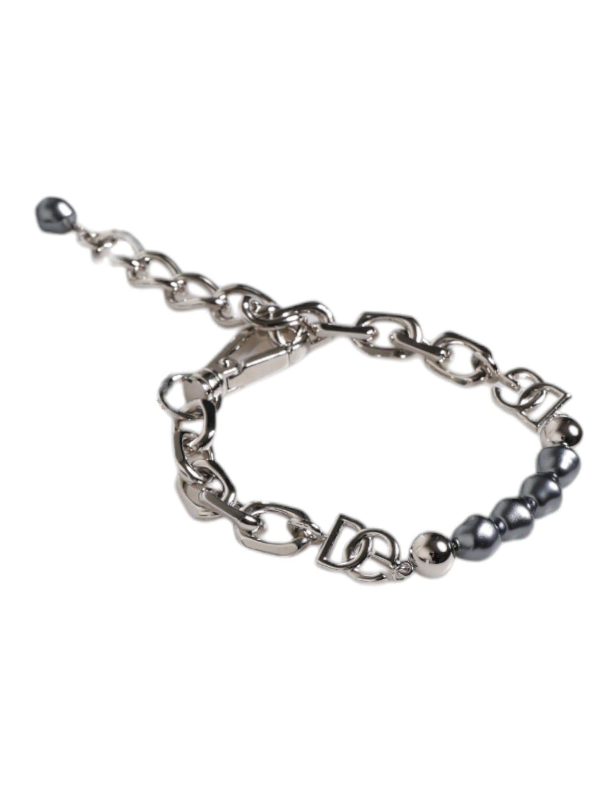 Dolce &amp; Gabbana Silver Tone Chain Lobster Clasp Logo Gray Pearls Bracelet