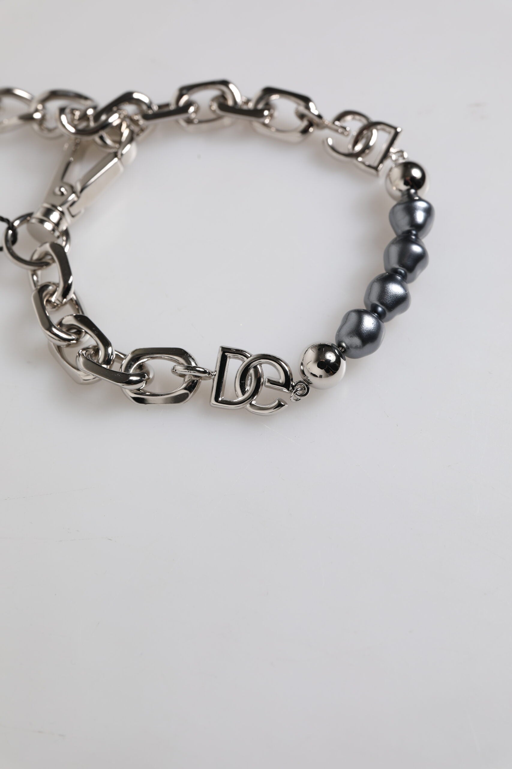 Dolce &amp; Gabbana Silver Tone Chain Lobster Clasp Logo Gray Pearls Bracelet