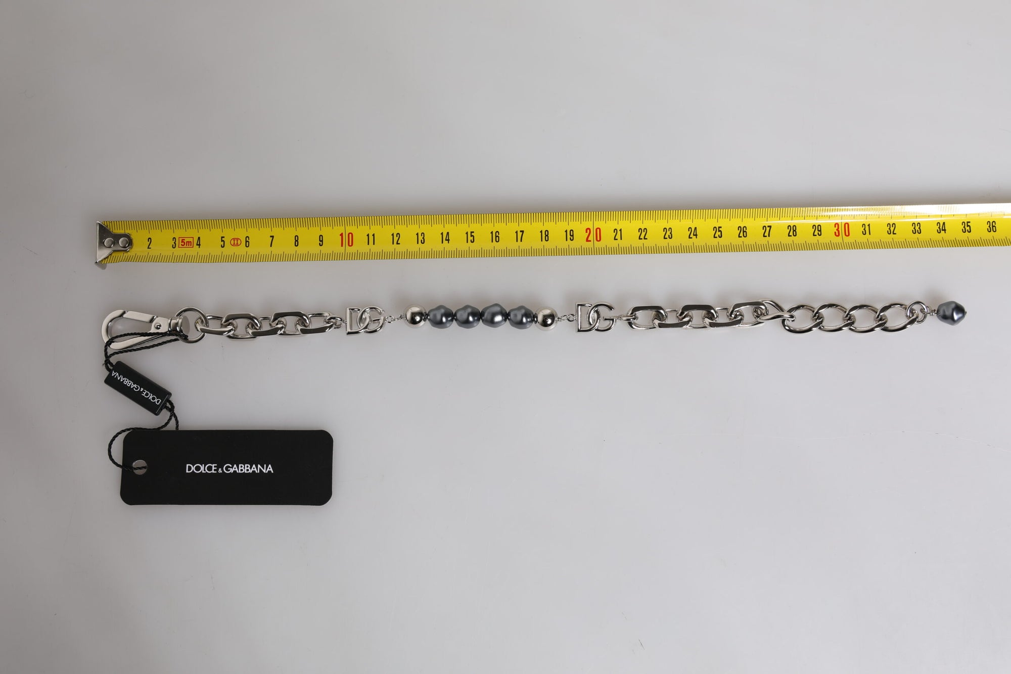 Dolce &amp; Gabbana Silver Tone Chain Lobster Clasp Logo Gray Pearls Bracelet
