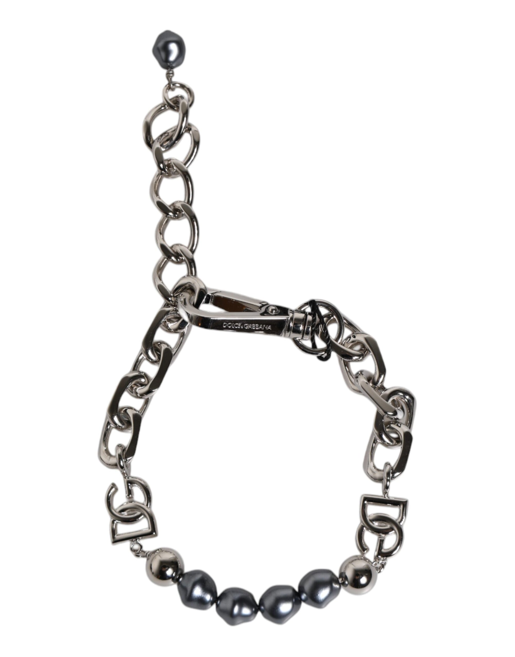 Dolce &amp; Gabbana Silver Tone Chain Lobster Clasp Logo Gray Pearls Bracelet
