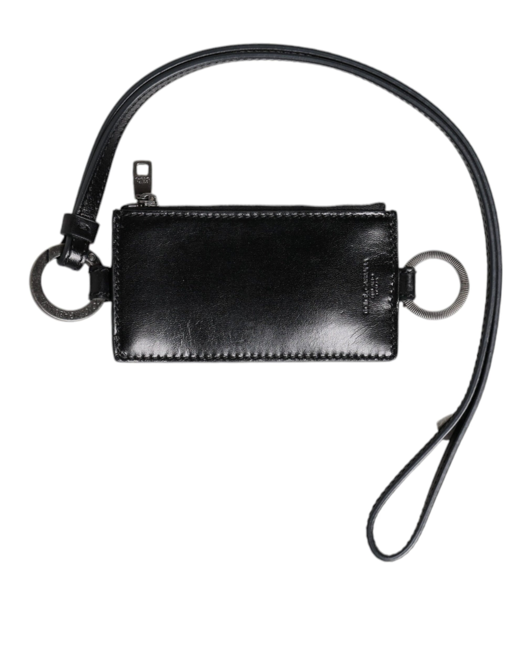 Portefeuille porte-cartes en cuir noir Dolce &amp; Gabbana avec logo en relief