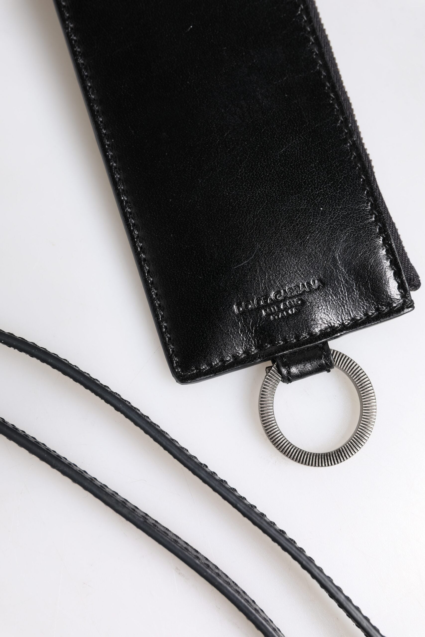 Portefeuille porte-cartes en cuir noir Dolce &amp; Gabbana avec logo en relief