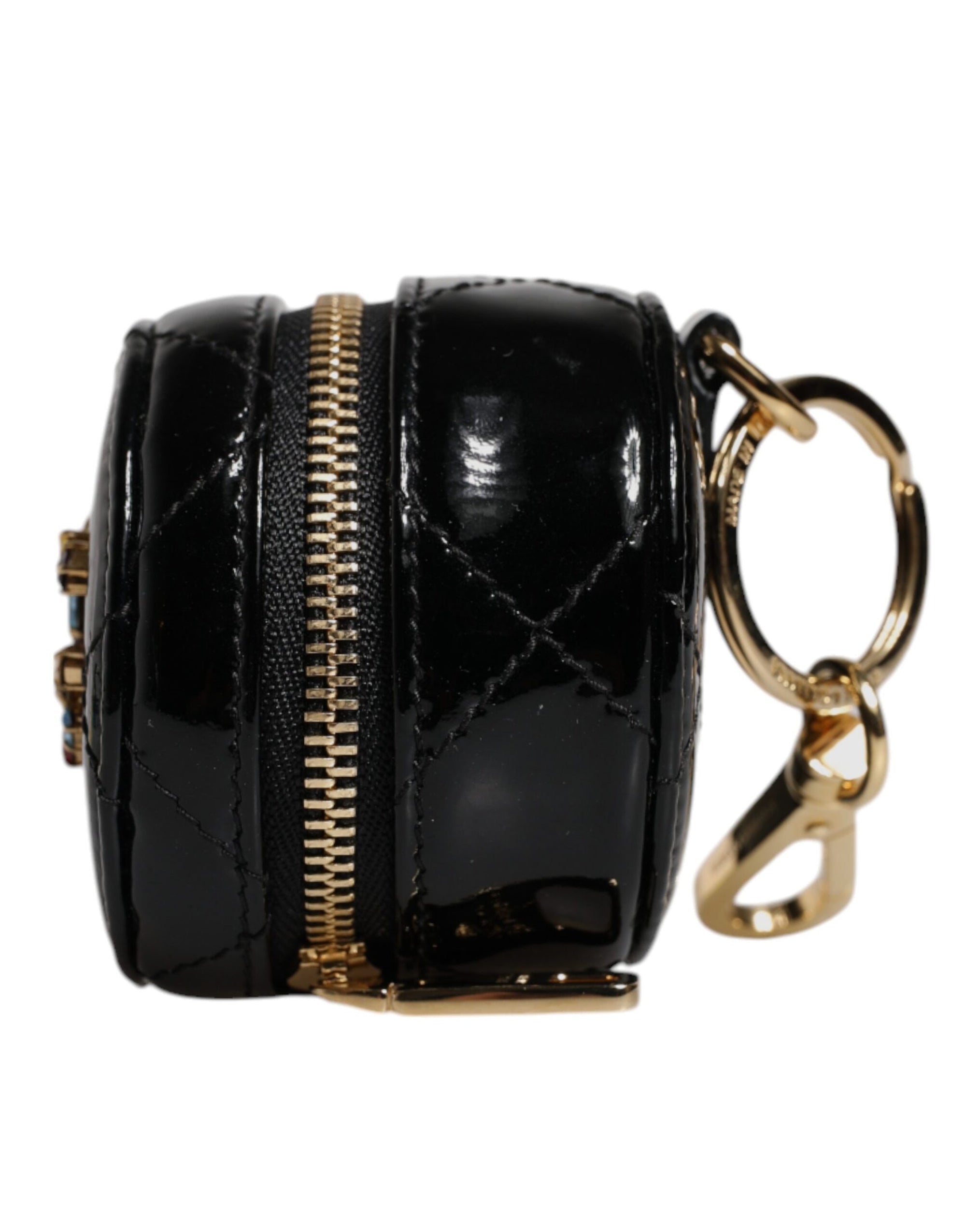 Portefeuille porte-monnaie rond en cuir d'agneau noir Dolce & Gabbana DG Crystal