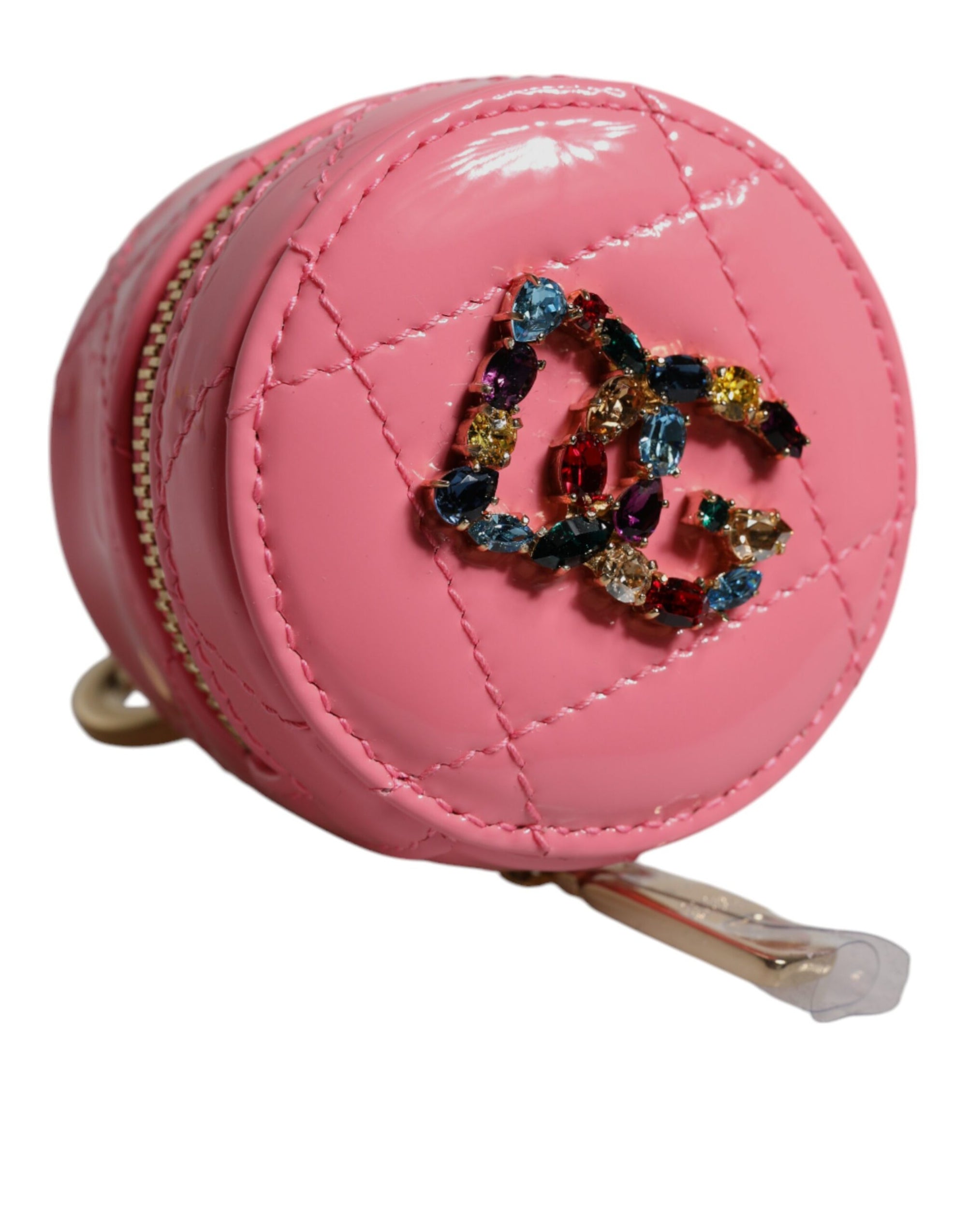 Portefeuille porte-monnaie rond en cuir d'agneau rose Dolce & Gabbana DG Crystal