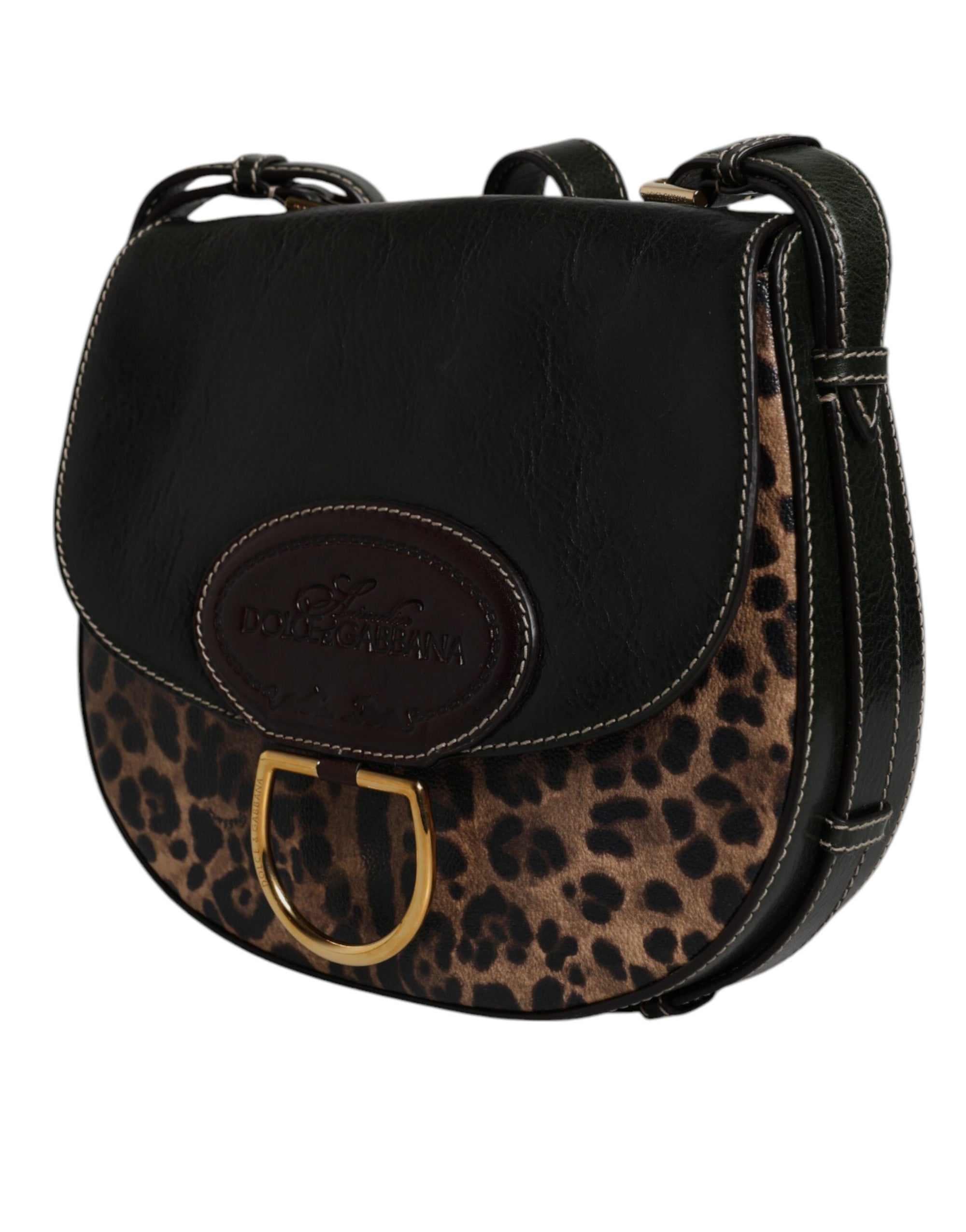 Dolce &amp; Gabbana Black Brown Leopard Leather Shoulder Strap Bag