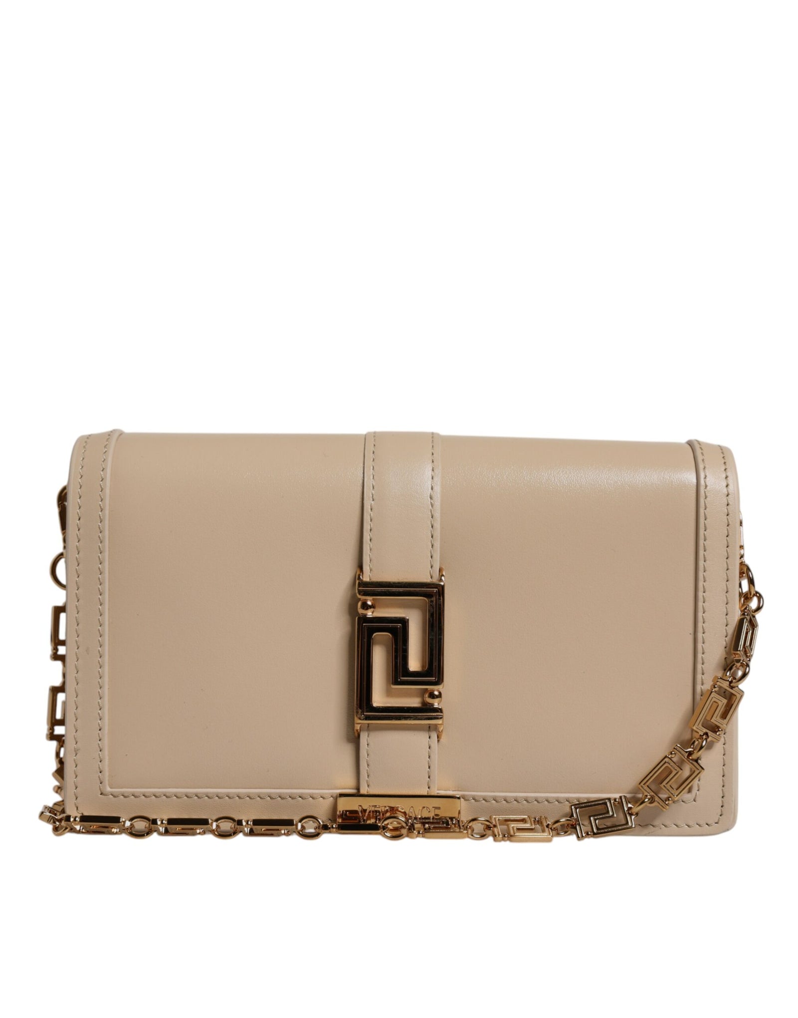 Sac bandoulière portefeuille Versace en cuir de veau beige avec chaîne dorée