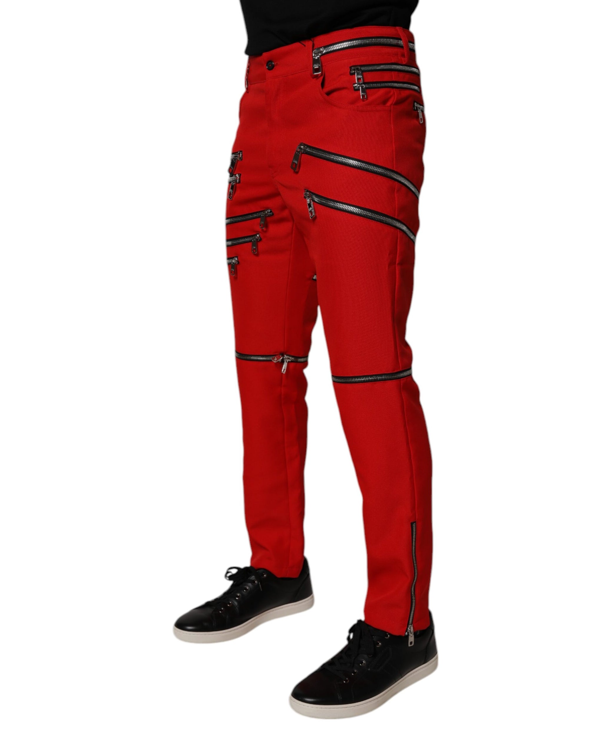 Dolce &amp; Gabbana Red Zipper Embellished Straight Pants