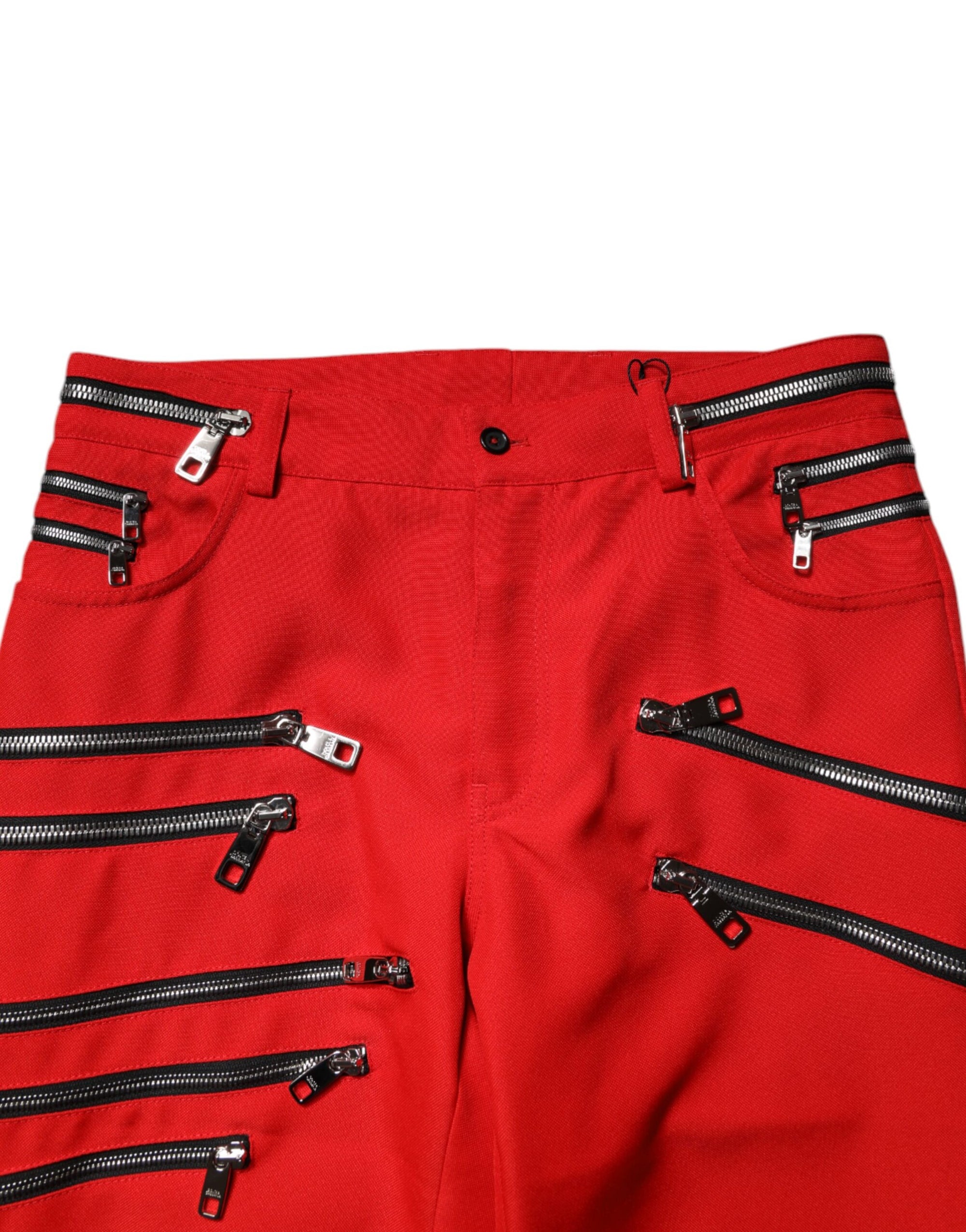 Dolce &amp; Gabbana Red Zipper Embellished Straight Pants