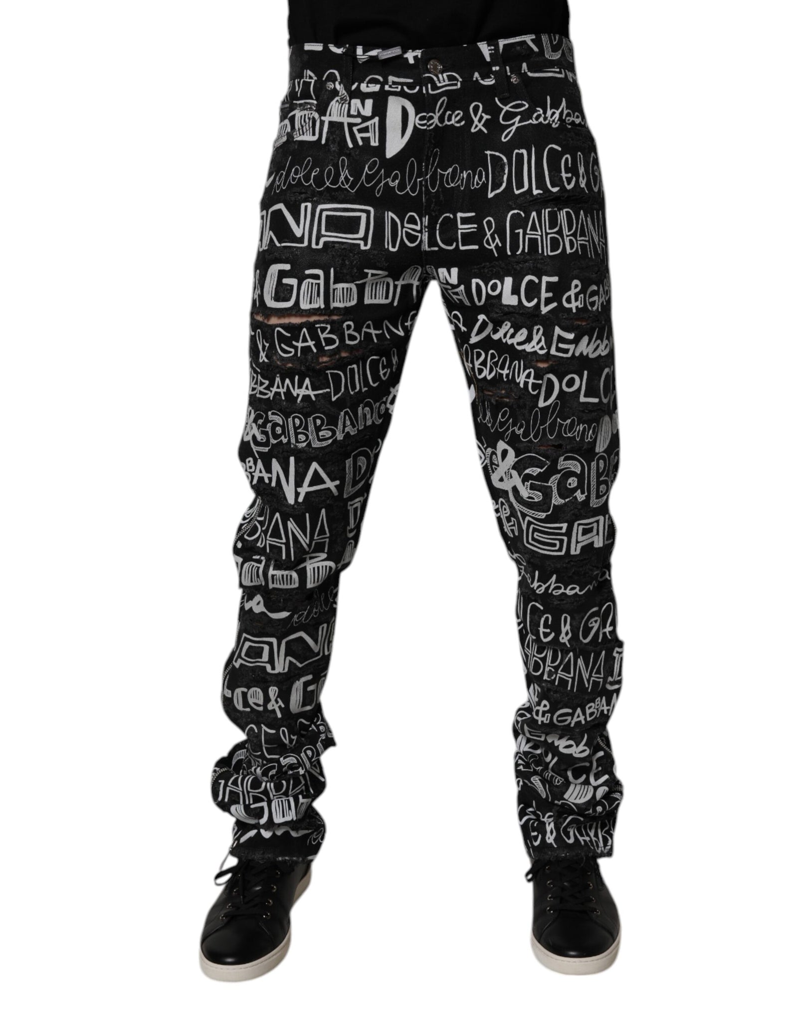 Dolce &amp; Gabbana Black Cotton Logo Print Straight Denim Jeans