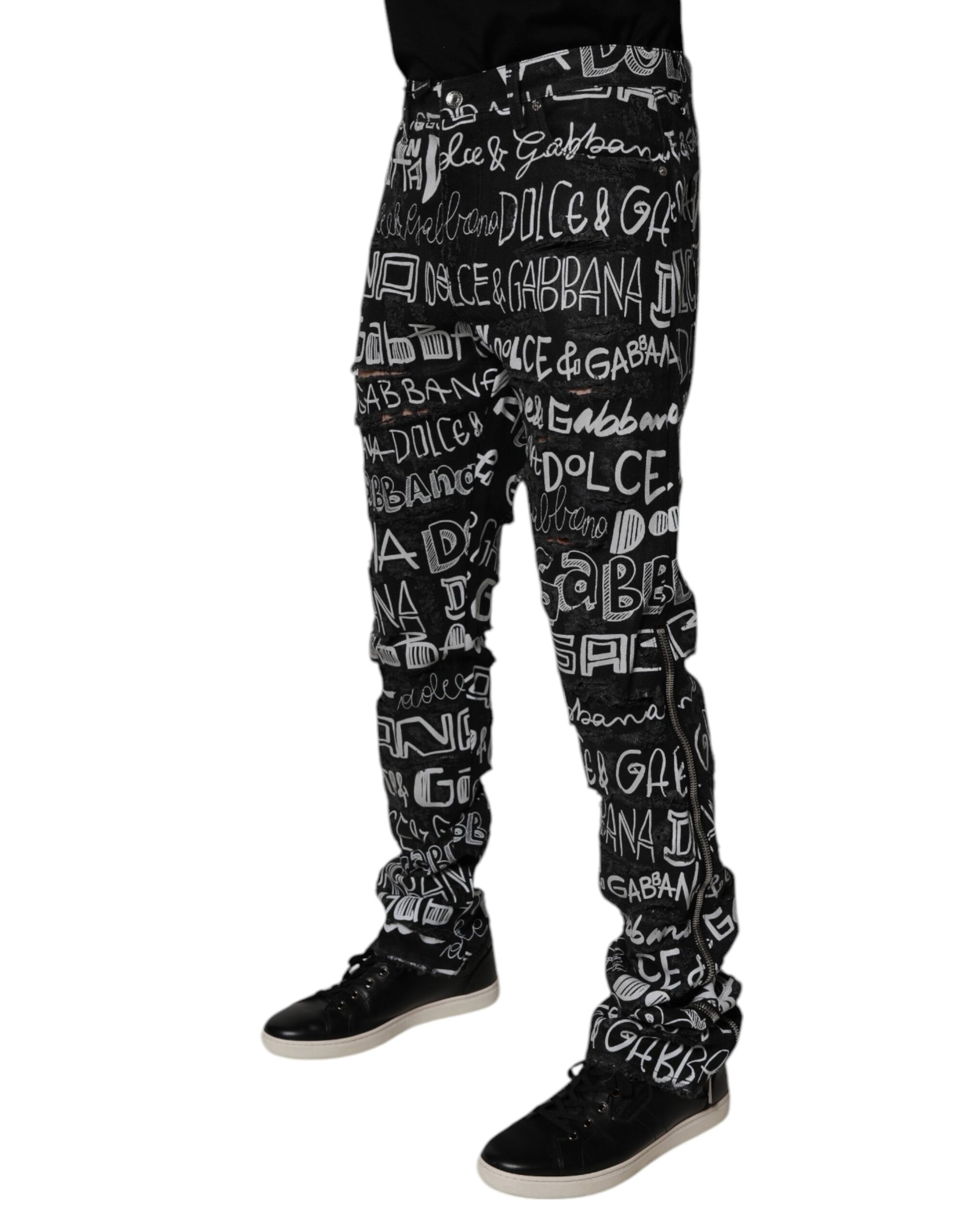 Dolce &amp; Gabbana Black Cotton Logo Print Straight Denim Jeans
