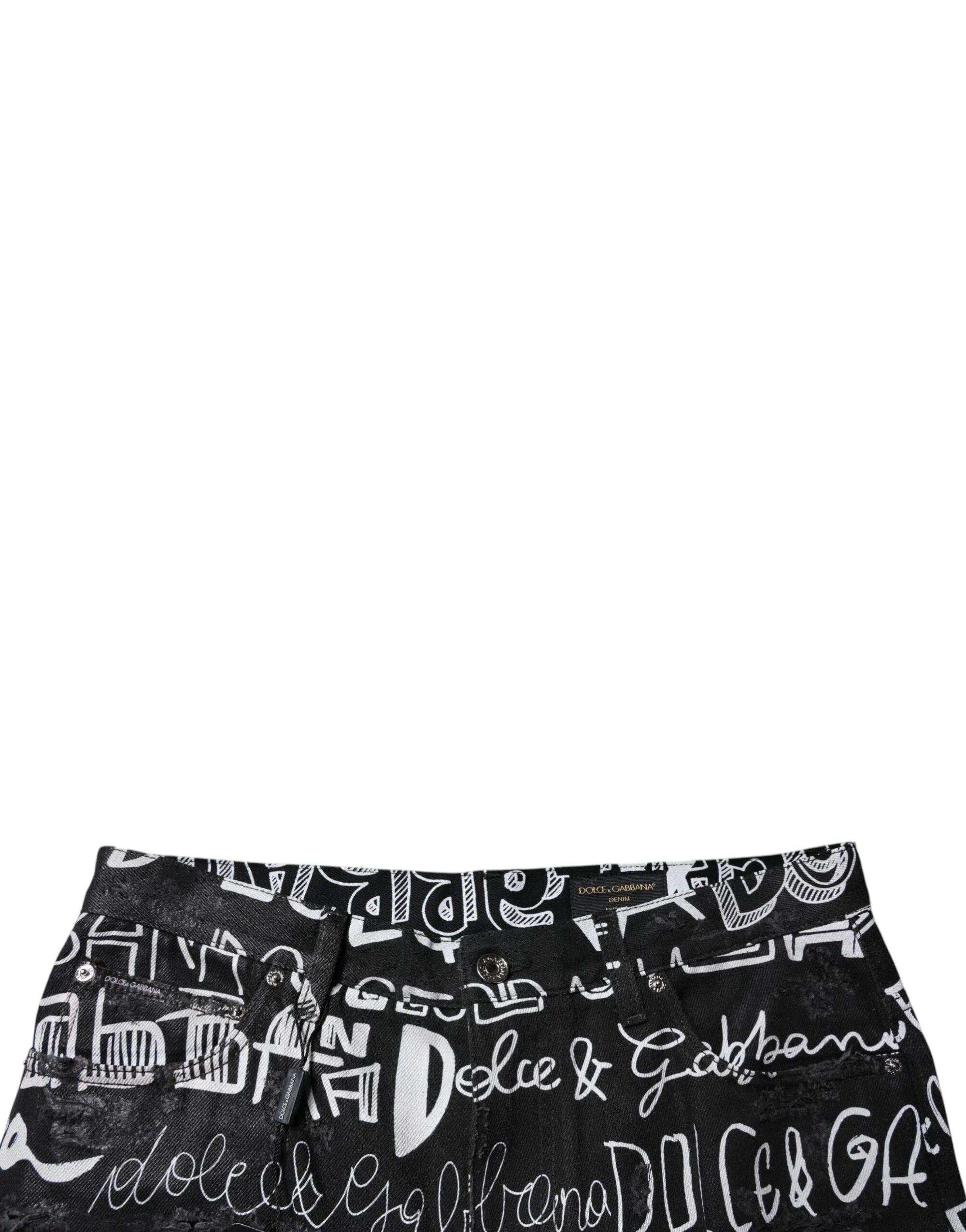 Dolce &amp; Gabbana Black Cotton Logo Print Straight Denim Jeans