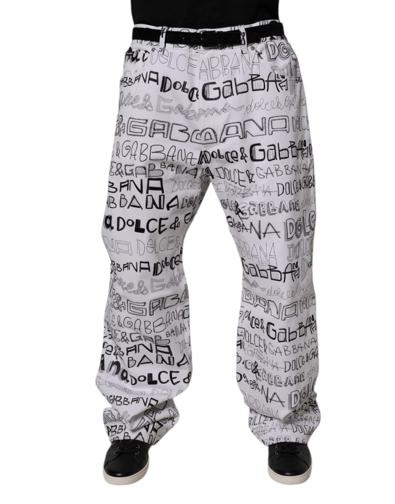 Dolce &amp; Gabbana White Logo Print Straight Men Denim Jeans